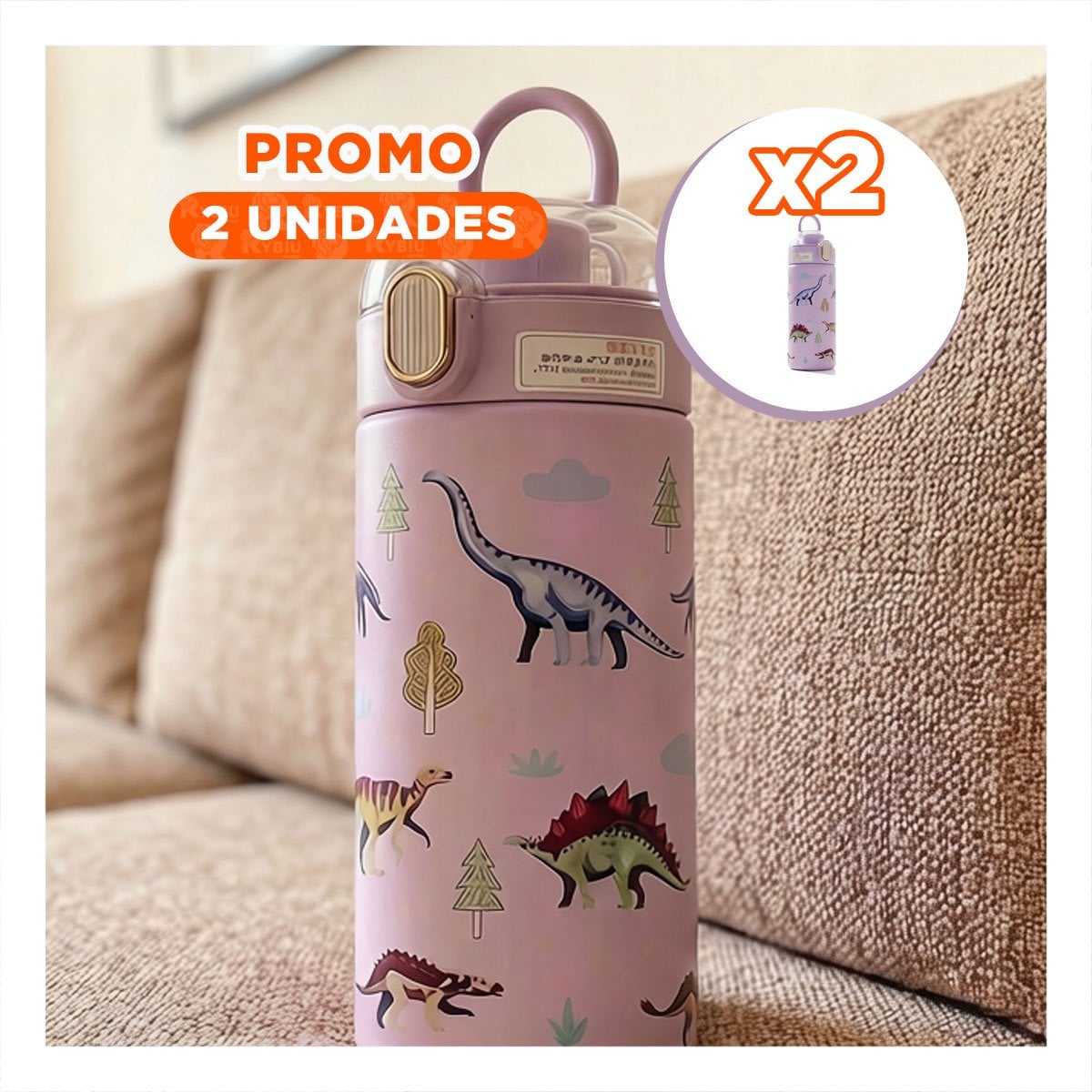PACK2 COPO PORTATIL 420ML DINOSAURIO LILA PARA NINOS CON TAPA HERMETICA YPAPEL REGALO - 1