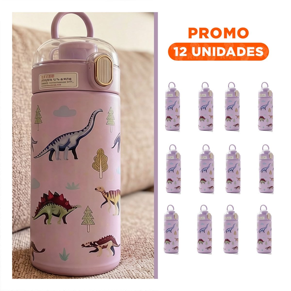 PACK12 FRASCO DIVERTIDO 420ML DINOSAURIO LILA PARA USO ESCOLAR Y EXCURSIONES - 1