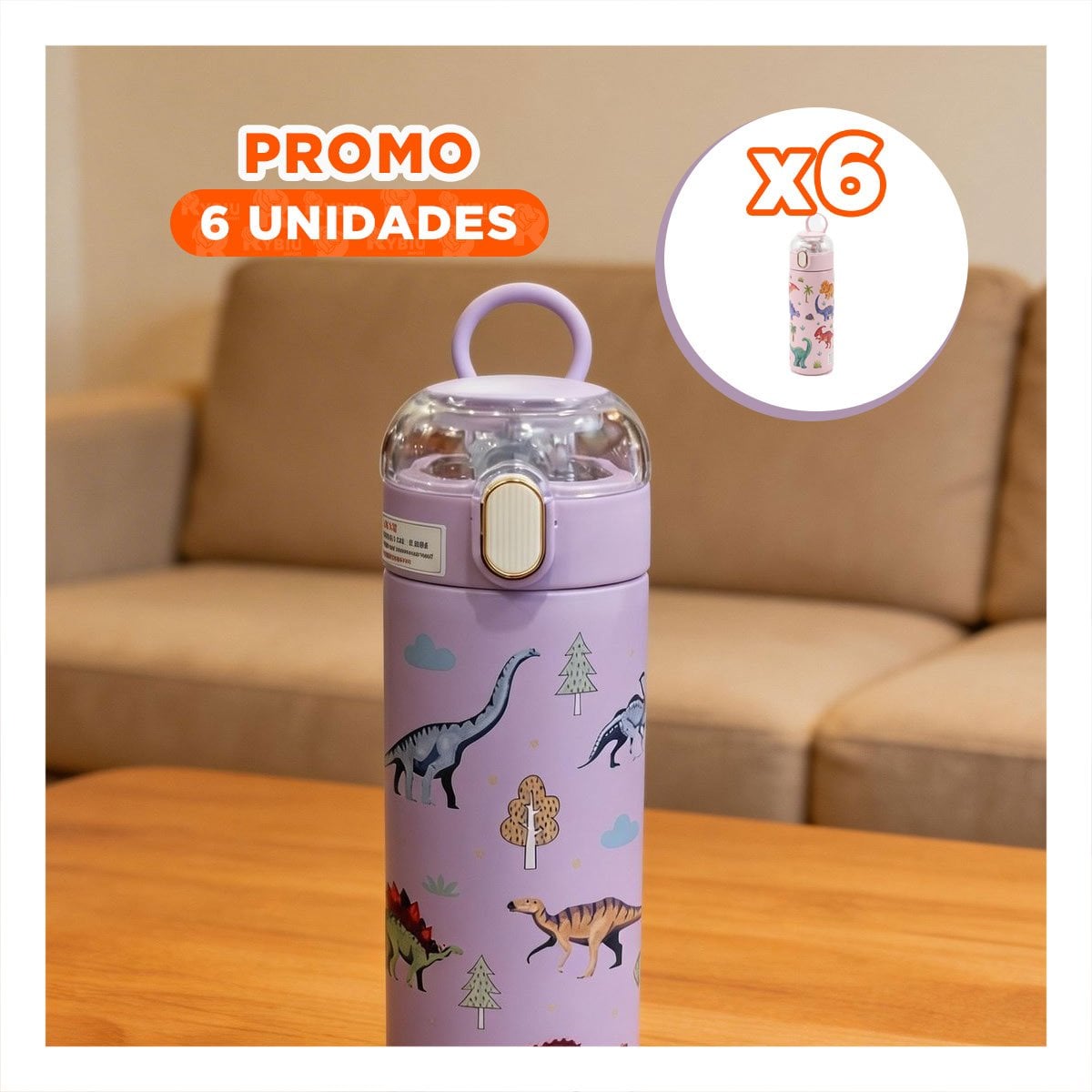 PACK6 FRASCO ESCOLAR 420ML DINOSAURIO LILA CON APERTURA FACIL PARA NINOS YPAPEL REGALO - 1