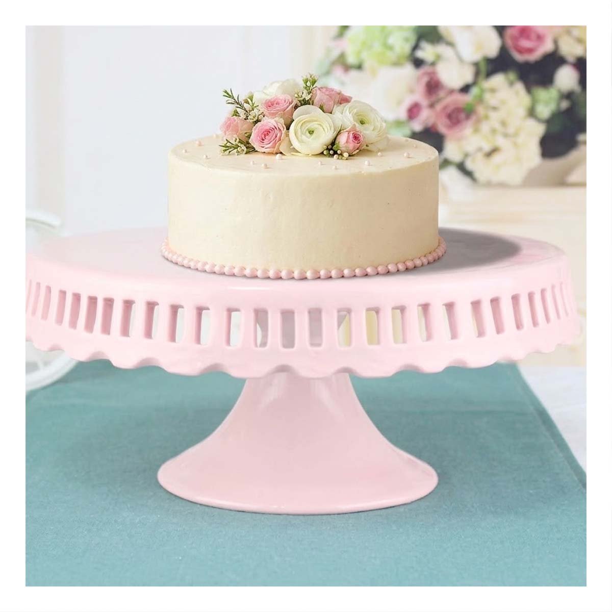 SOPORTE PARA TORTA CERAMICA COLOR ROSADO RAYITAS 25 CM DECORATIVO YREGALO STICKER - 2