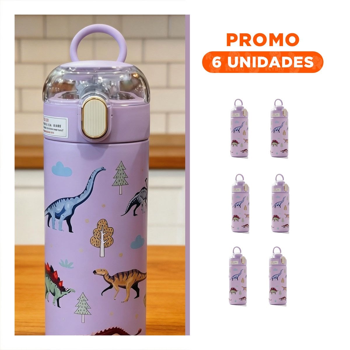 PACK6 FRASCO DIVERTIDO 420ML DINOSAURIO LILA PARA NINOS CON TAPA HERMETICA YREGALO STICKER - 1