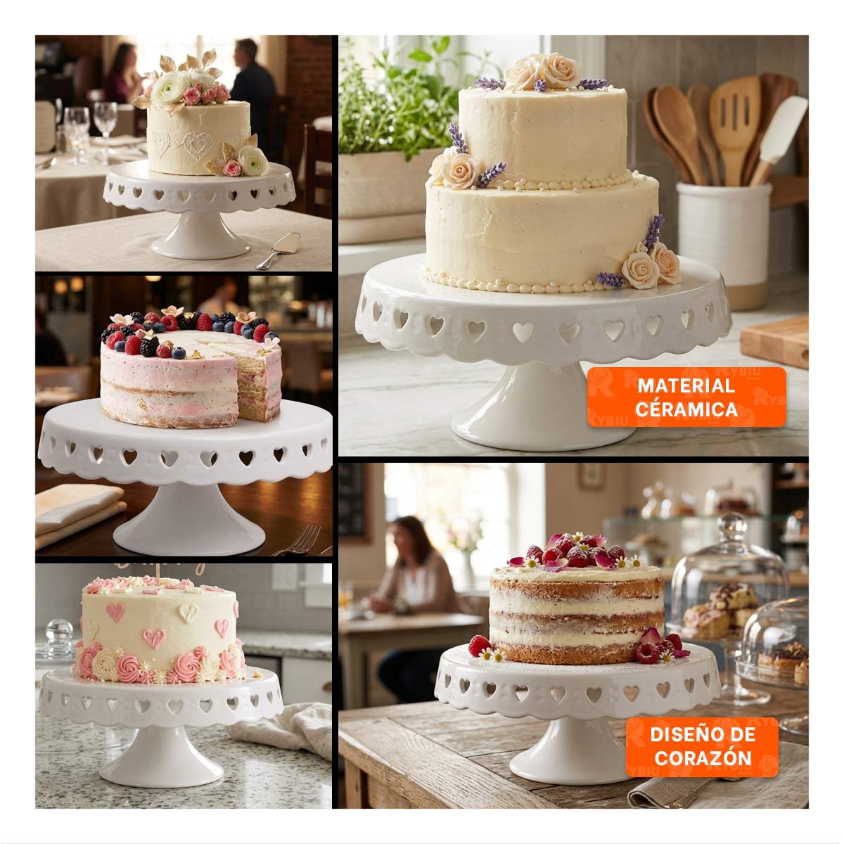 EXHIBIDOR CORAZONES PORTA TORTA CERAMICA BLANCO 25 CM PARA POSTRES YPAPEL REGALO - 3