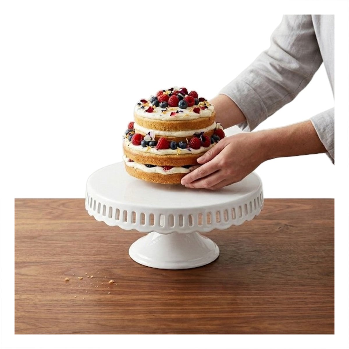 EXHIBIDOR RAYITAS PORTA TORTA CERAMICA BLANCO 30 CM PARA POSTRES YPAPEL REGALO - 1