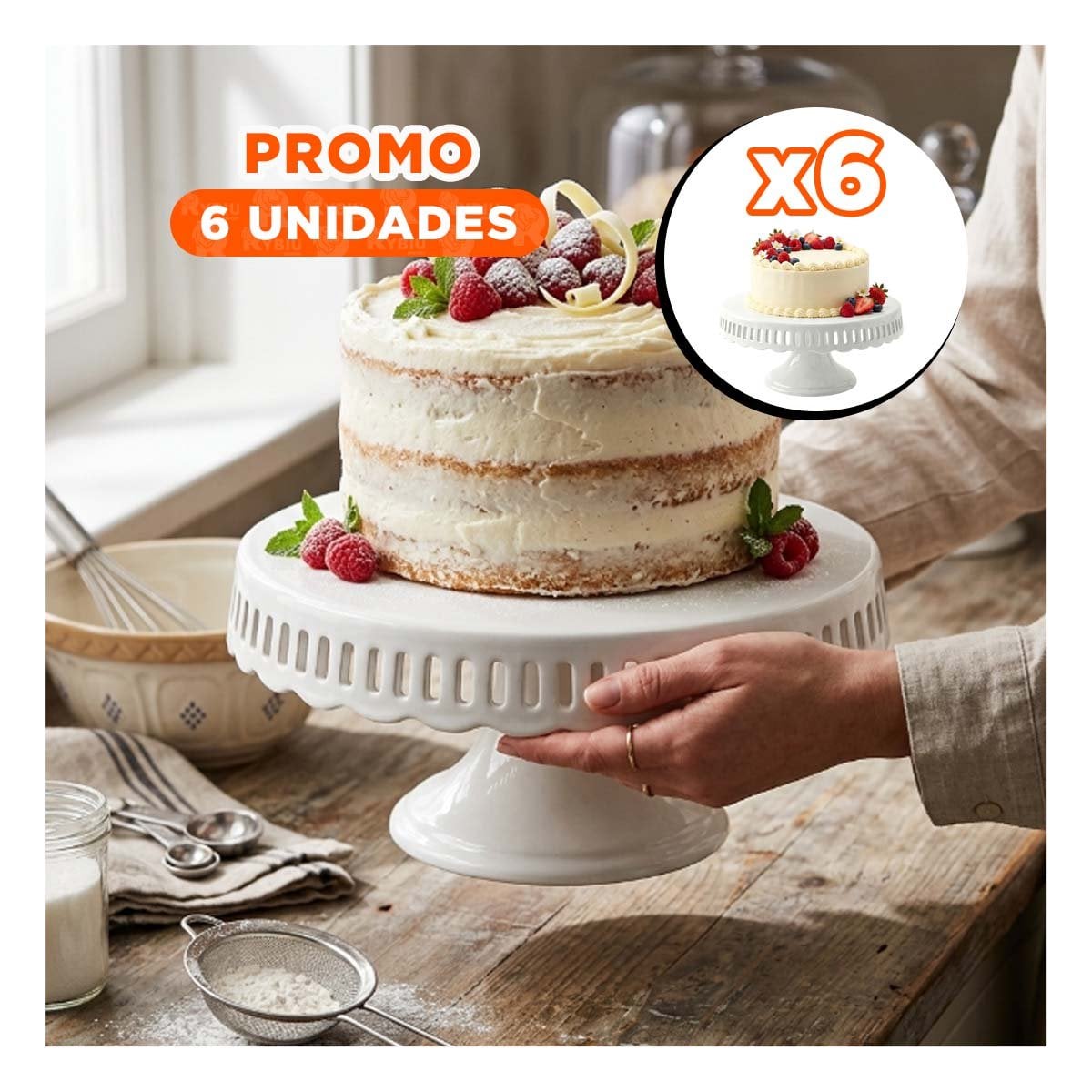 PACK6 EXHIBIDOR PARA REPOSTERIA COLOR BLANCO RAYITAS CERAMICA 30 CM YPAPEL REGALO - 1