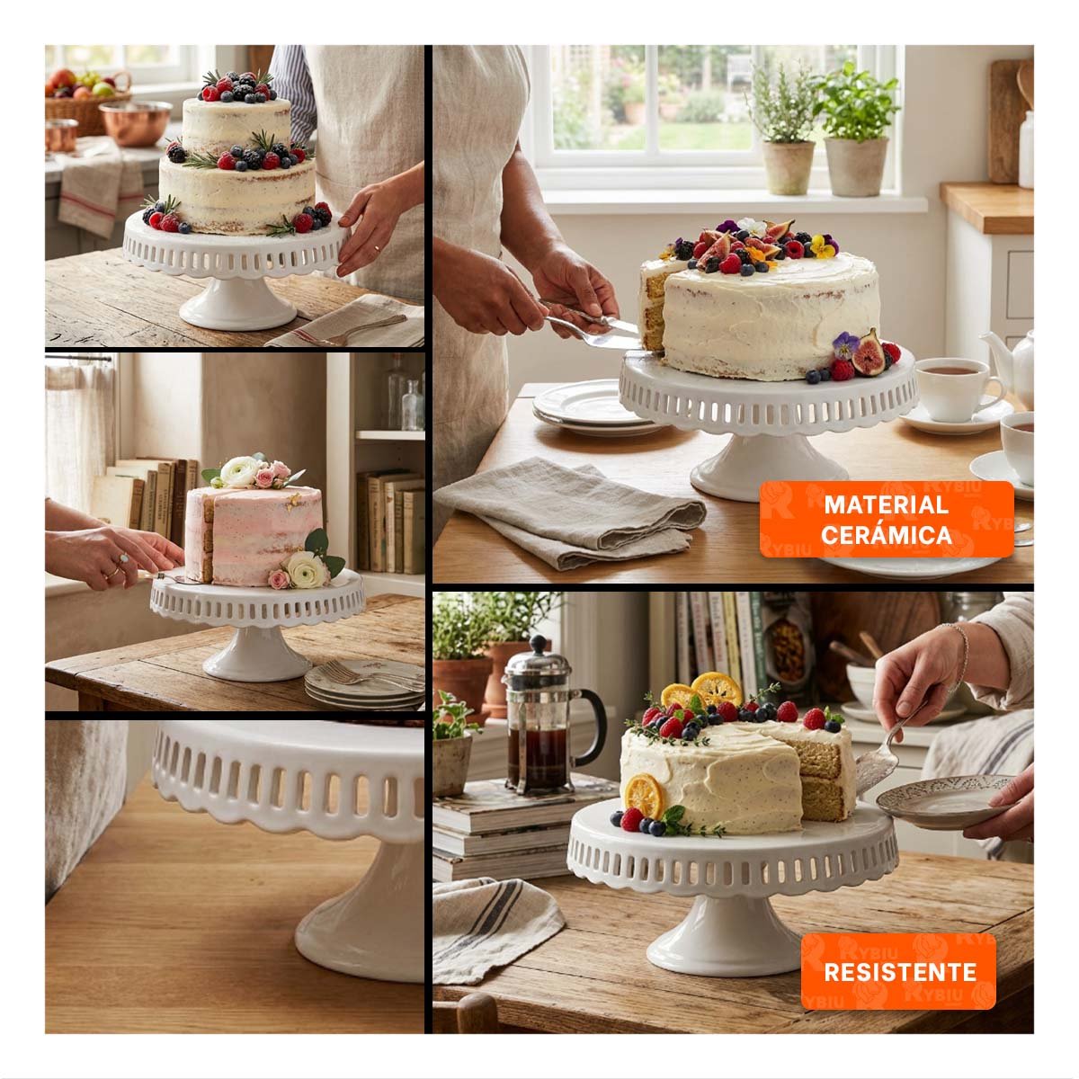 PEDESTAL DECORATIVO COLOR BLANCO RAYITAS CERAMICA 30 CM PARA POSTRES YSTICKY - 2