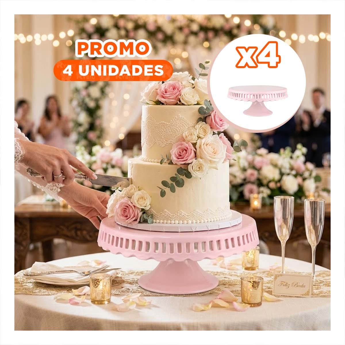 PACK4 SOPORTE PARA DULCES ROSADO CERAMICA RAYITAS 25 CM PARA MESA YREGALO STICKER - 1
