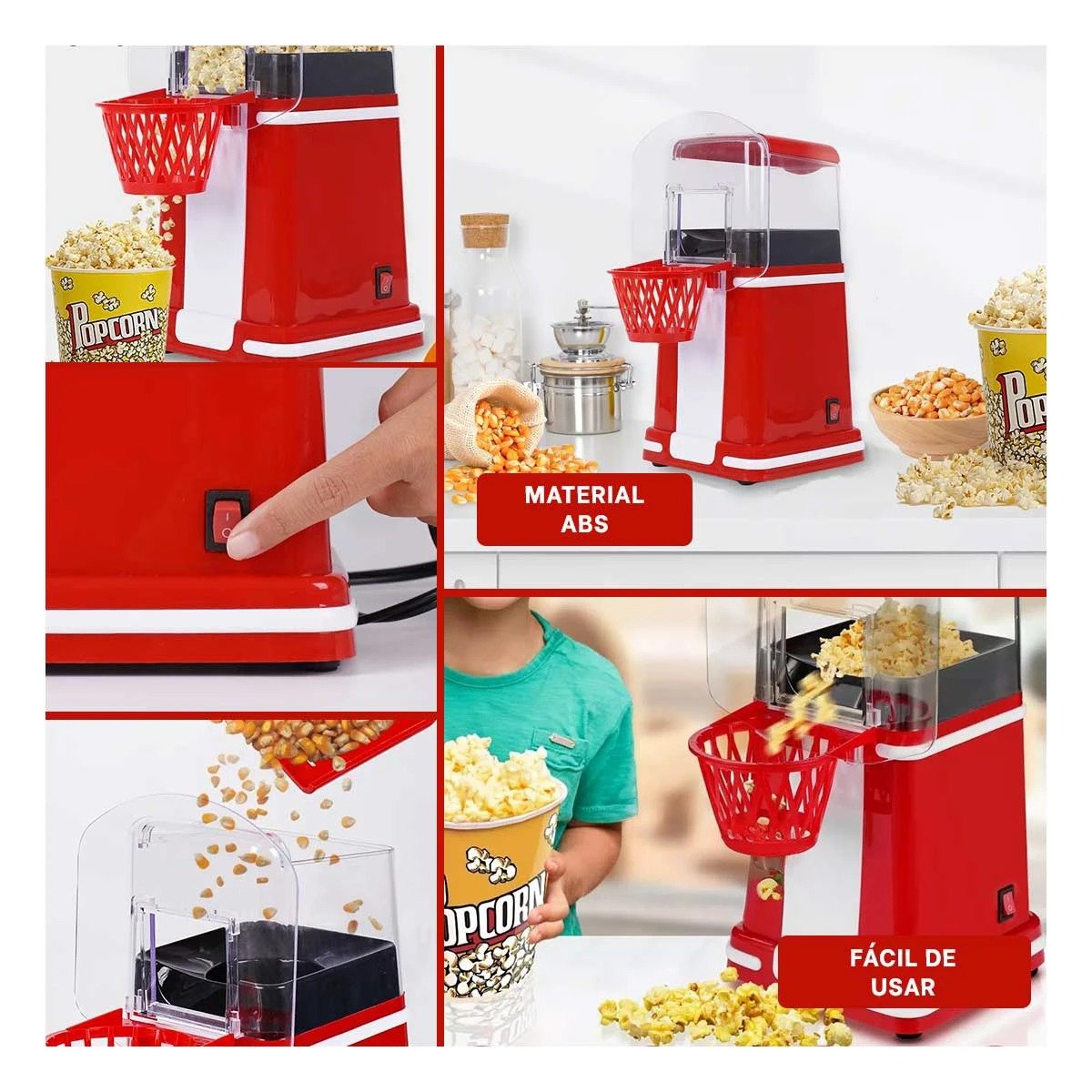 PACK4 PALOMITERA ELECTRICA DE POP CORN TIPO BASQUET COLOR ROJO PARA HOGAR CINE YREGALO STICKER - 2