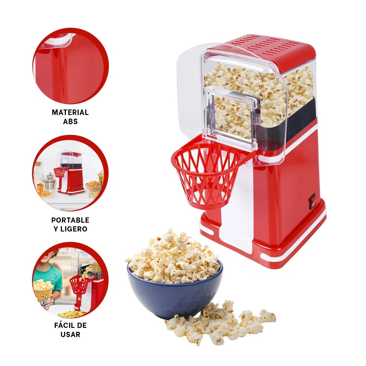 APARATO DE POP CORN TIPO BASQUET COLOR ROJO PARA CASA ESTILO RETRO YPAPEL REGALO - 5