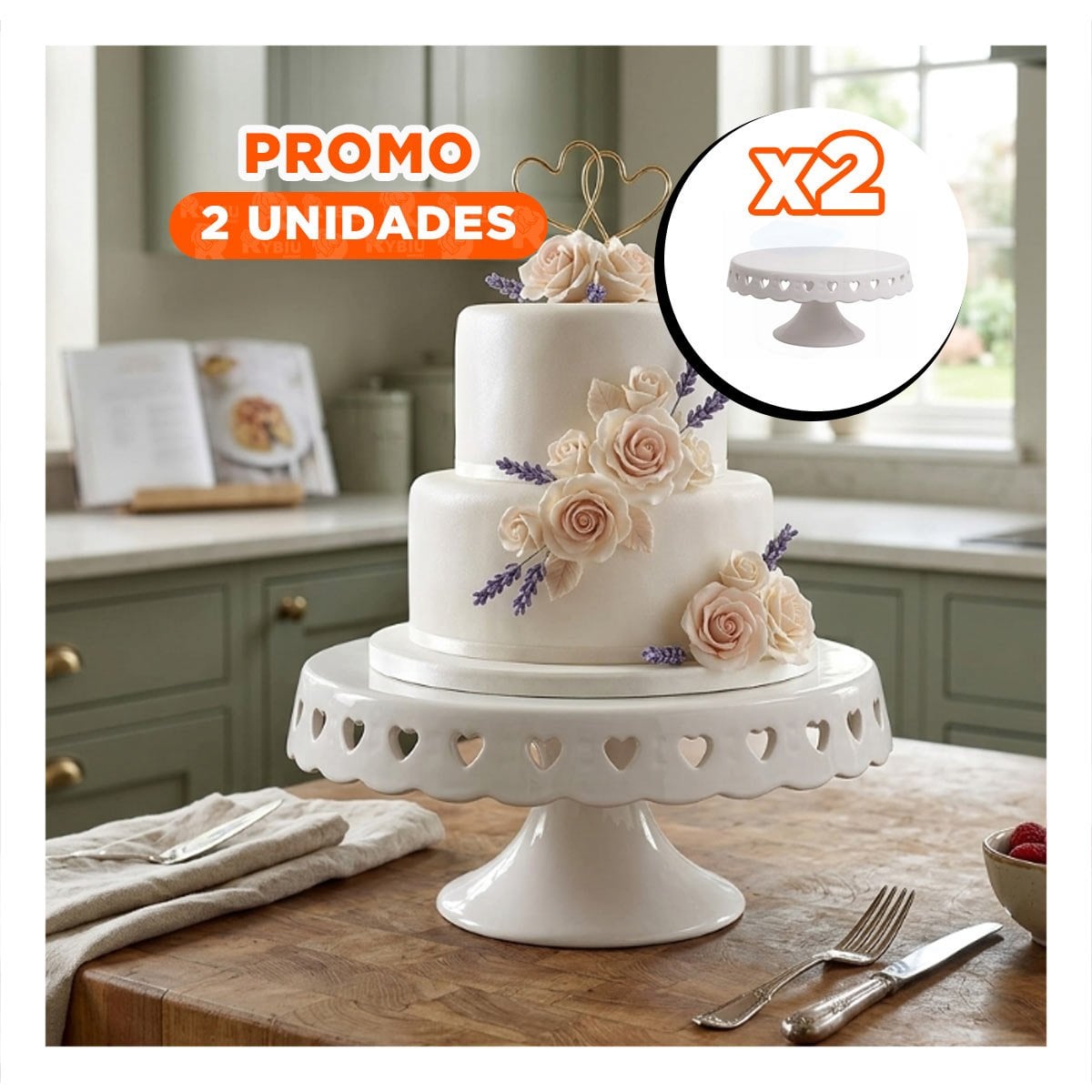 PACK2 EXHIBIDOR PARA TORTA CERAMICA CORAZONES BLANCO 25 CM PARA EVENTOS - 1