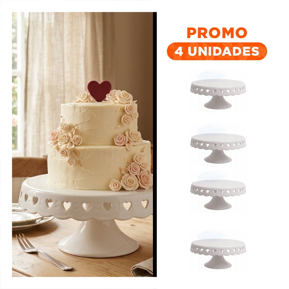 PACK4 PEDESTAL PARA REPOSTERIA CORAZONES COLOR BLANCO CERAMICA 25 CM - 1