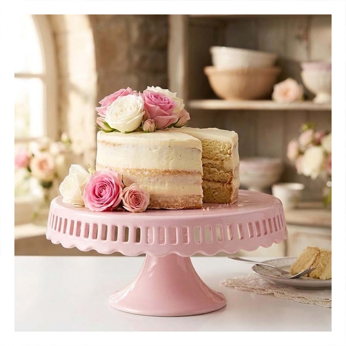 PEDESTAL PORTA TORTA CERAMICA RAYITAS COLOR ROSADO 25 CM PARA HOGAR - 5
