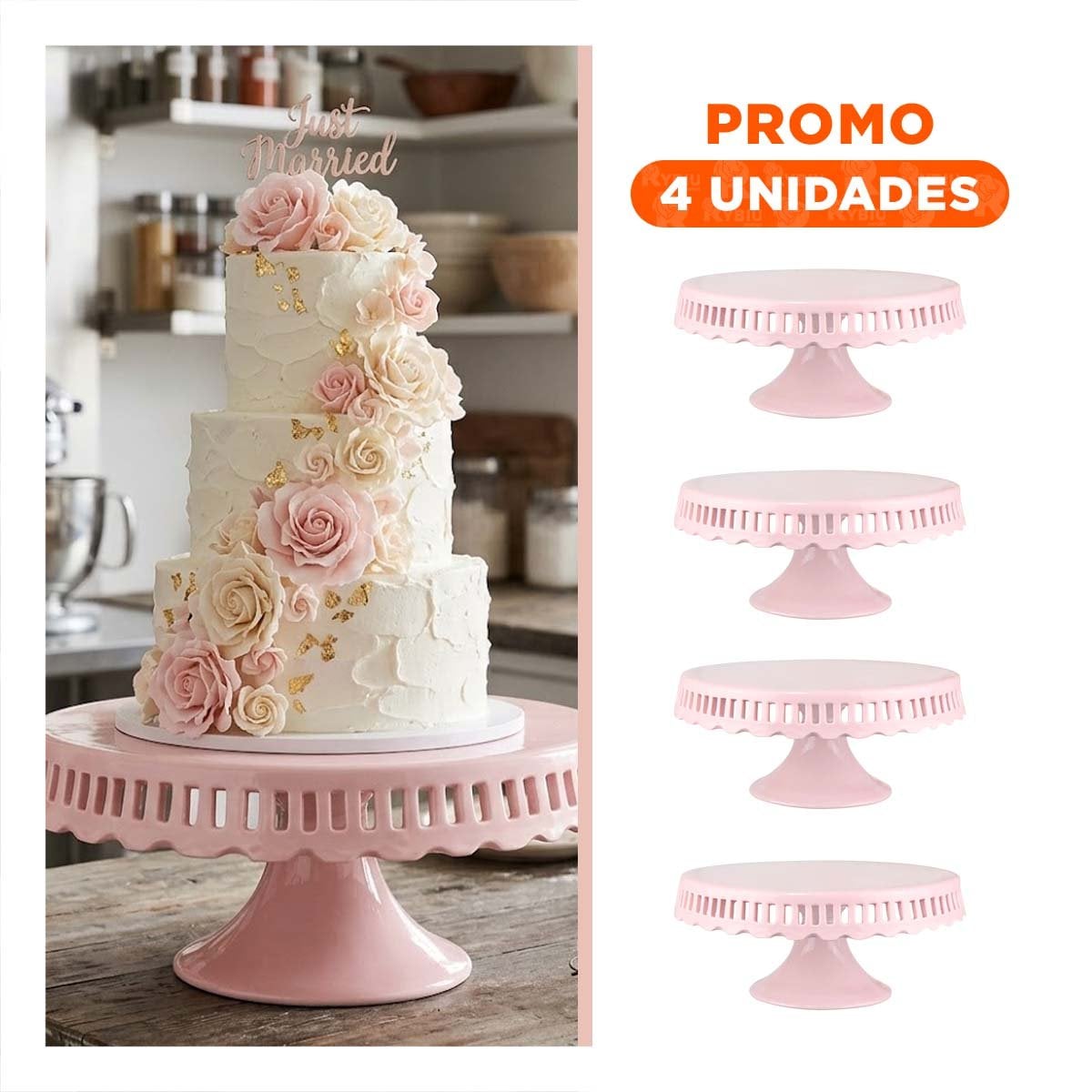 PACK4 PEDESTAL PARA REPOSTERIA RAYITAS COLOR ROSADO CERAMICA 25 CM - 1