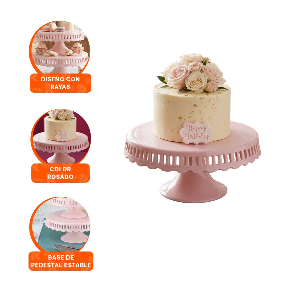 EXHIBIDOR RAYITAS PORTA TORTA CERAMICA ROSADO 25 CM PARA POSTRES YPAPEL REGALO - 5
