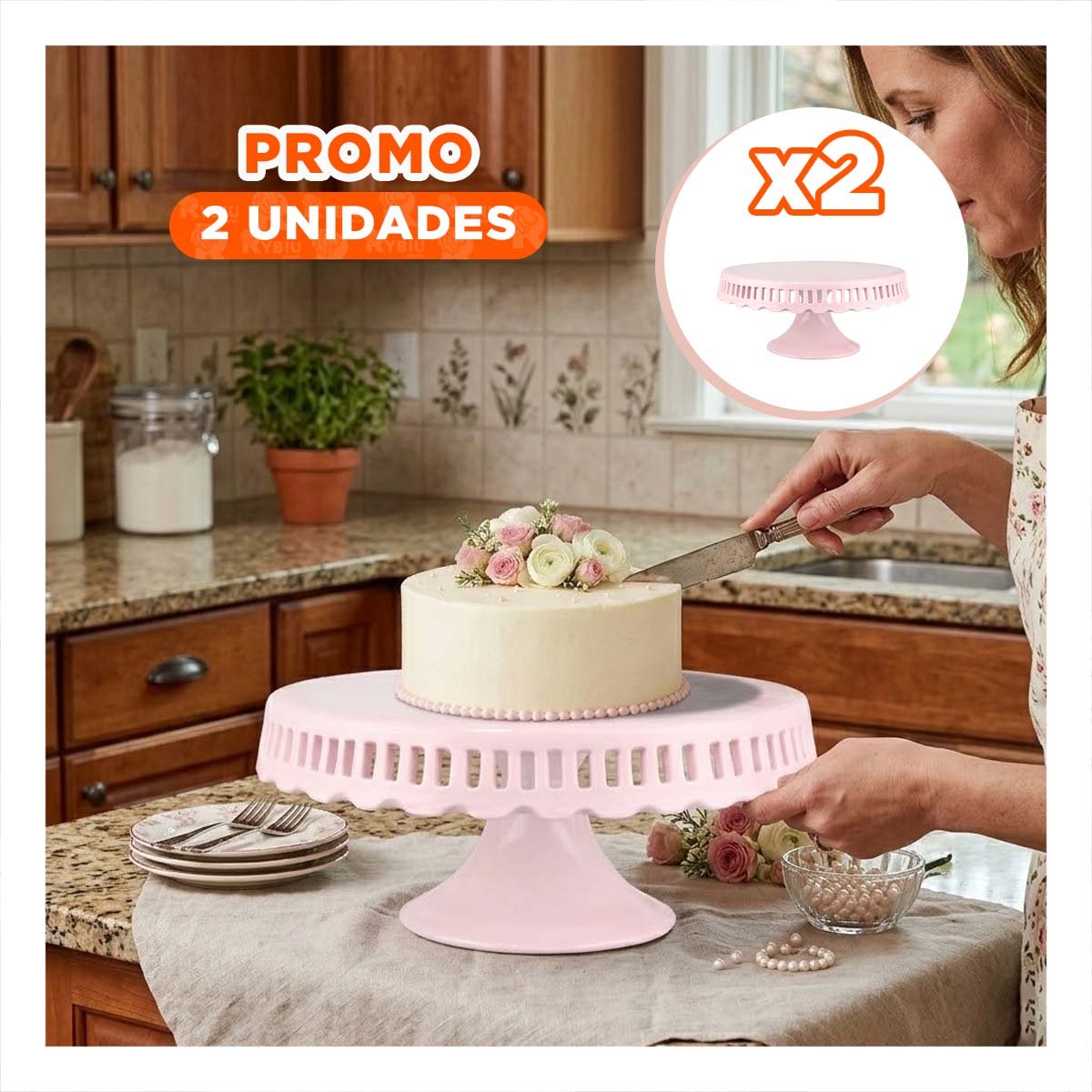 PACK2 EXHIBIDOR PARA TORTA CERAMICA RAYITAS ROSADO 25 CM PARA EVENTOS - 1