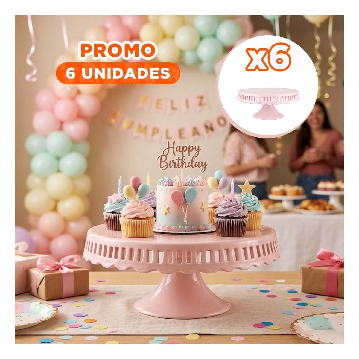 PACK6 EXHIBIDOR PARA REPOSTERIA COLOR ROSADO RAYITAS CERAMICA 25 CM YPAPEL REGALO - 1