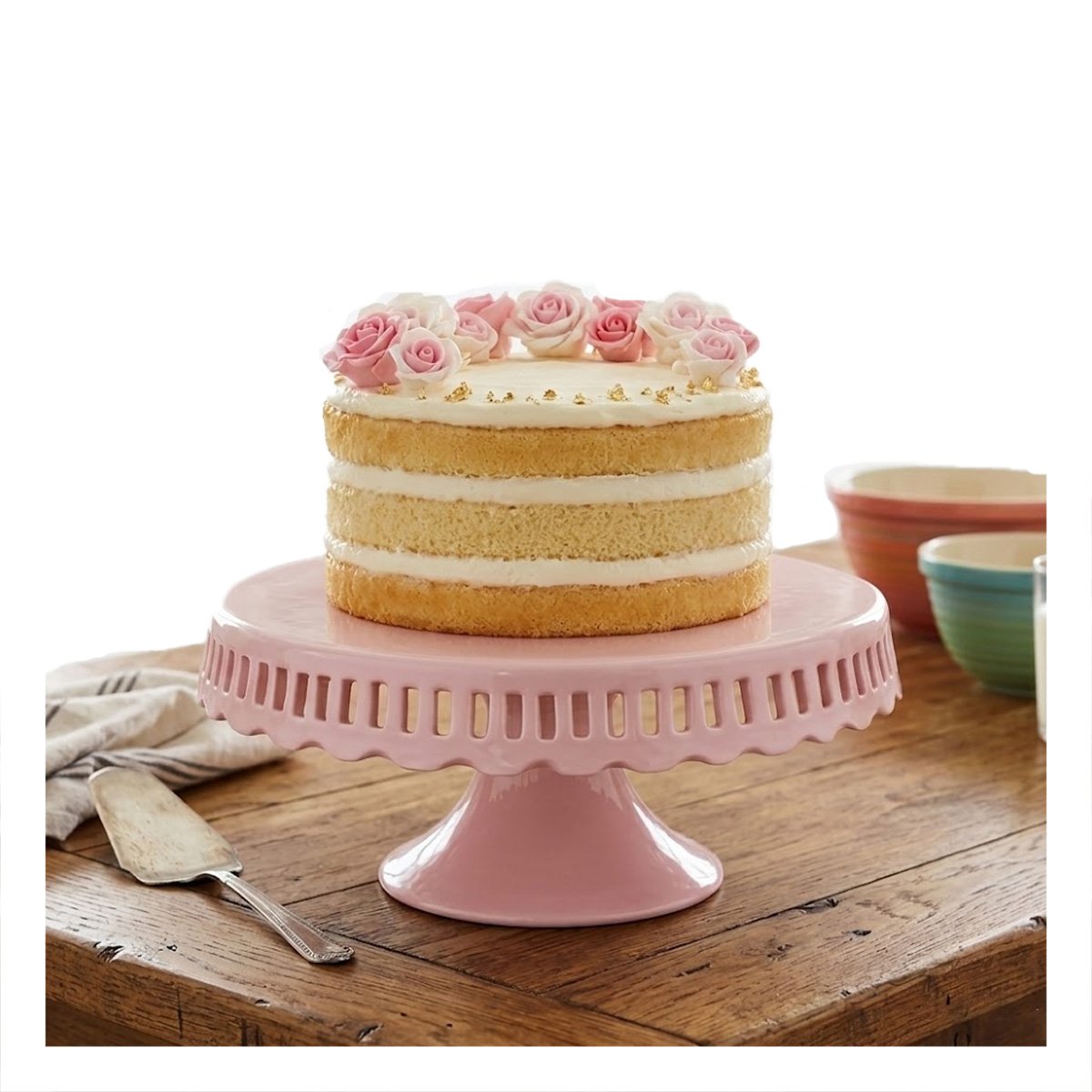 PACK6 EXHIBIDOR PARA REPOSTERIA COLOR ROSADO RAYITAS CERAMICA 25 CM YPAPEL REGALO - 5