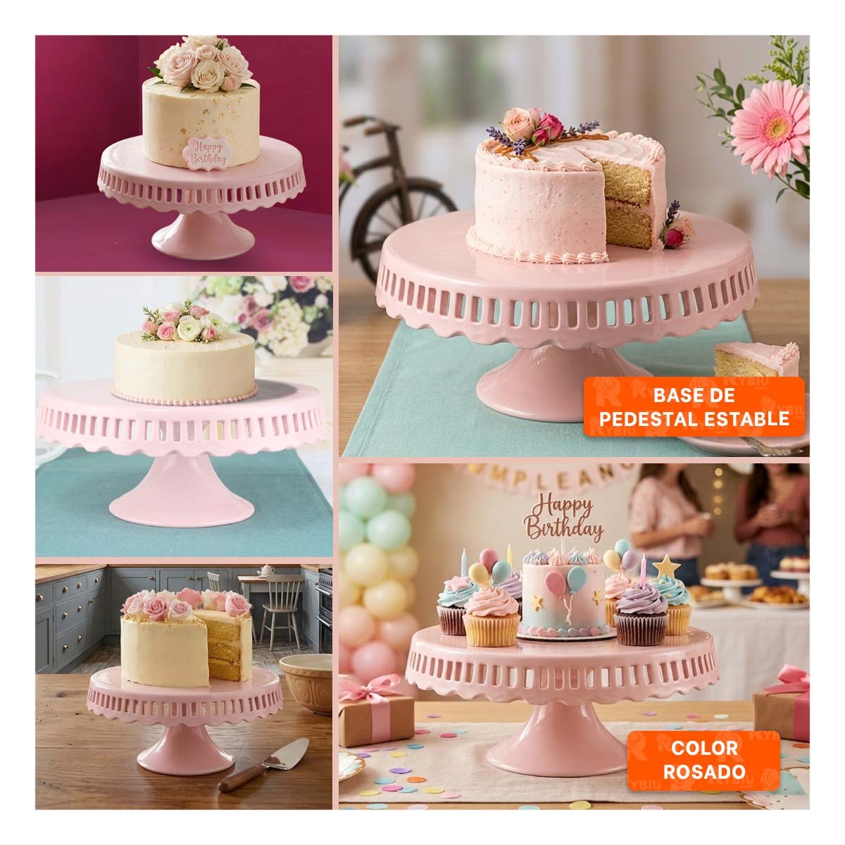 PEDESTAL DECORATIVO COLOR ROSADO RAYITAS CERAMICA 25 CM PARA POSTRES YSTICKY - 2