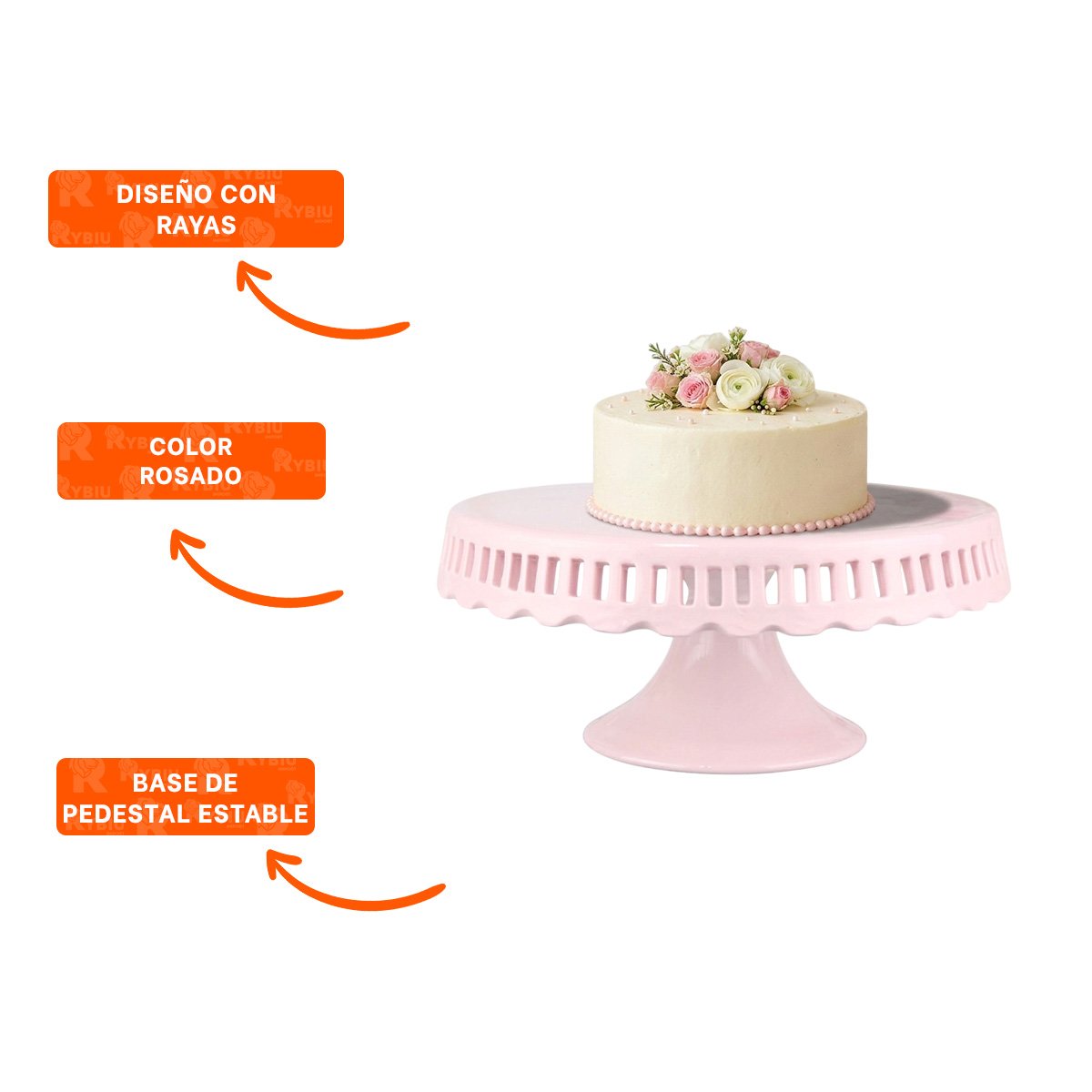 PEDESTAL DECORATIVO COLOR ROSADO RAYITAS CERAMICA 25 CM PARA POSTRES YSTICKY - 5