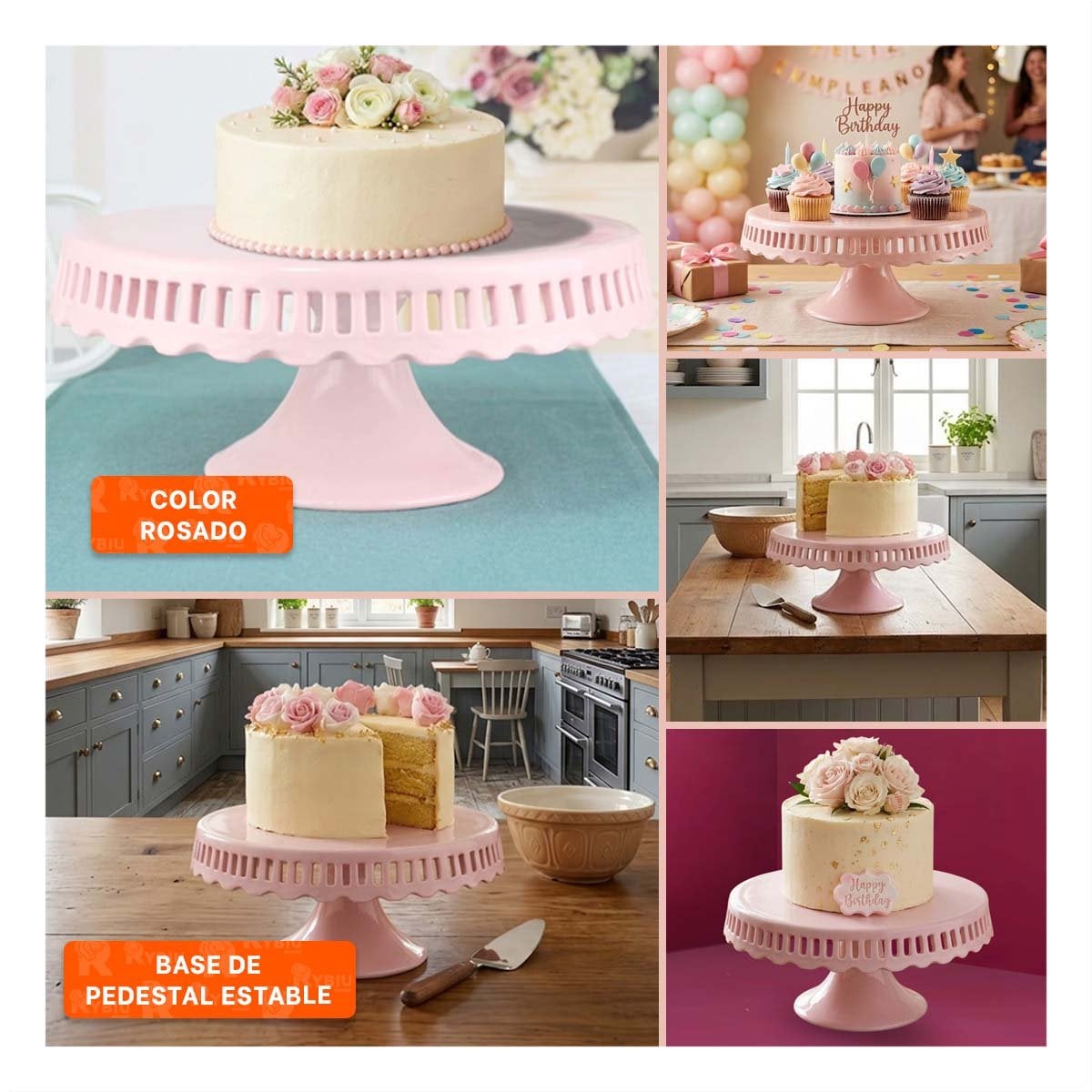 BASE PORTA TORTA COLOR ROSADO CERAMICA RAYITAS 25 CM PARA MESA YLIGAS REGALO - 1