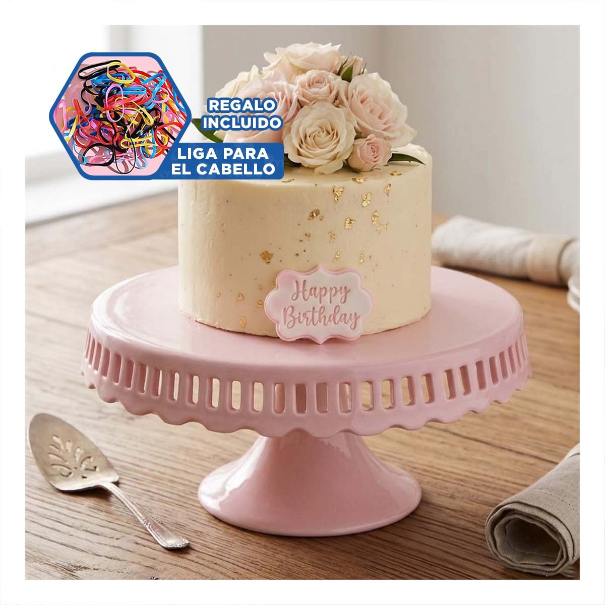 BASE PORTA TORTA COLOR ROSADO CERAMICA RAYITAS 25 CM PARA MESA YLIGAS REGALO - 2