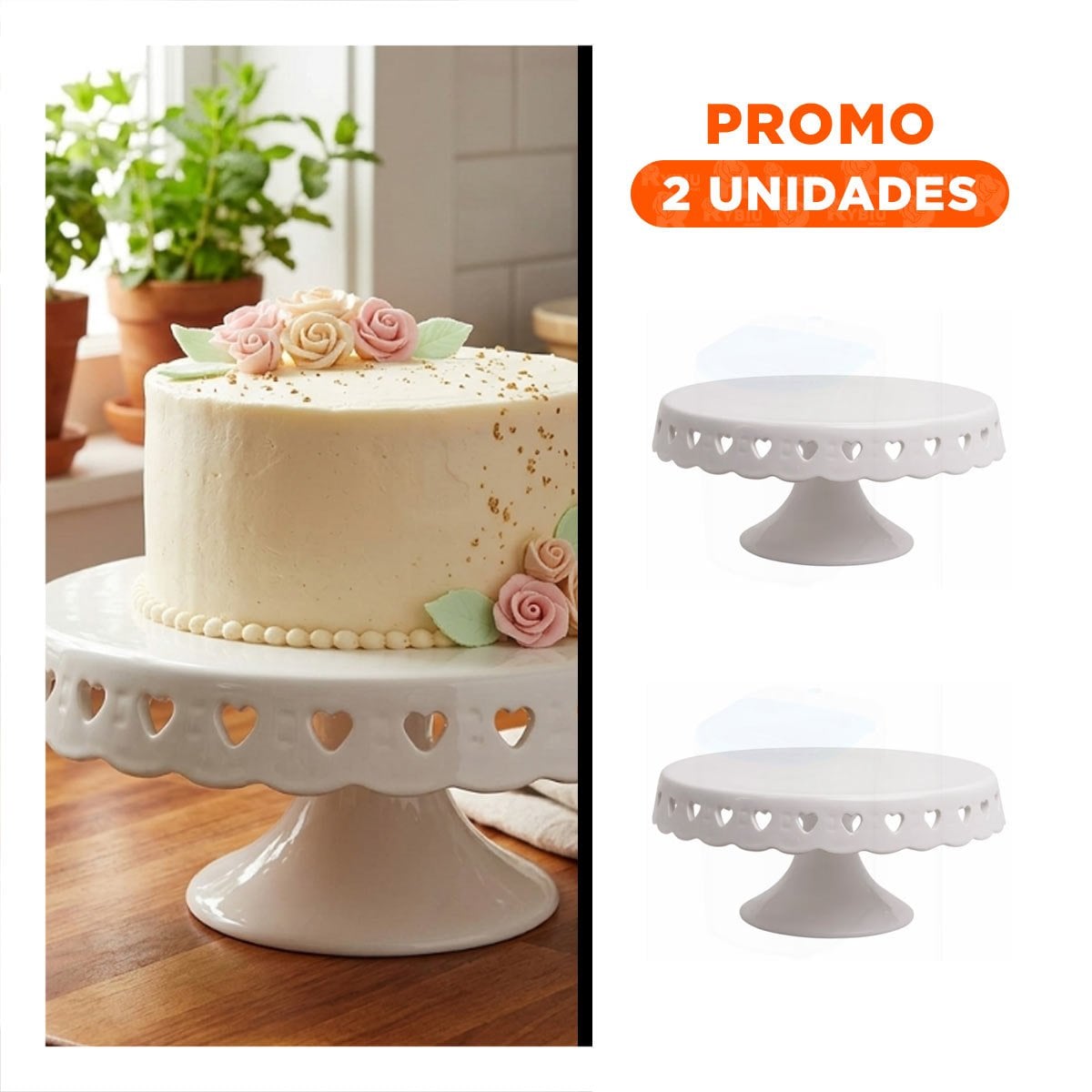 PACK2 BASE DECORATIVA CERAMICA BLANCO CON CORAZONES 25 CM PARA TORTA YREGALO STICKER - 1