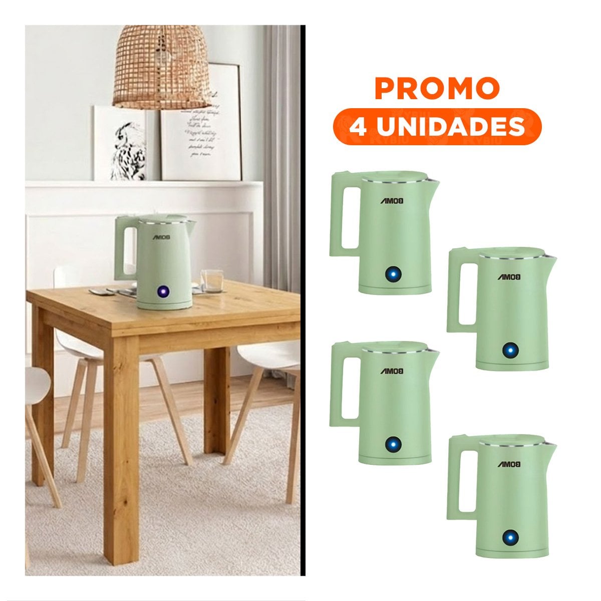 PACK4 TETERA DE AGUA ELECTRICA 1800ML VERDE BOMA ALTA CALIDAD - 1