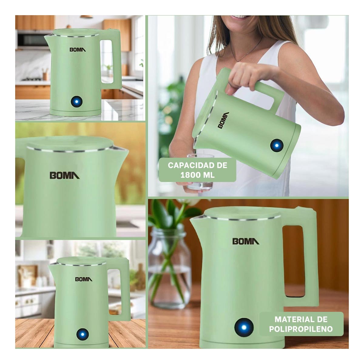 JARRA TERMICA ELECTRICA 1800ML VERDE BOMA ALTA CALIDAD Y DISENO MODERNO YSTICKY - 2