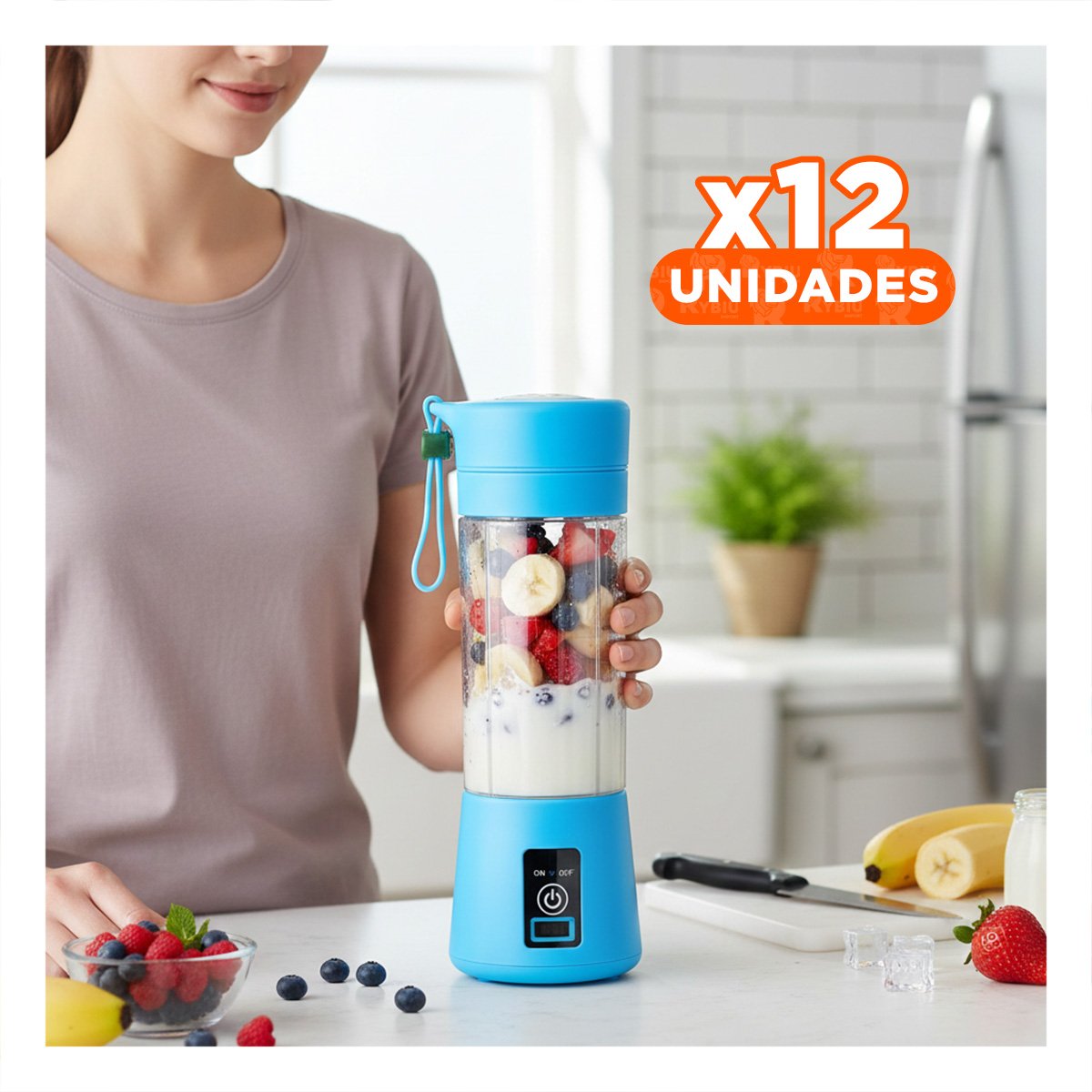 PACK12 PROCESADORA PORTATIL CELESTE RECARGABLE PARA JUGOS Y SMOOTHIES YPAPEL REGALO - 1