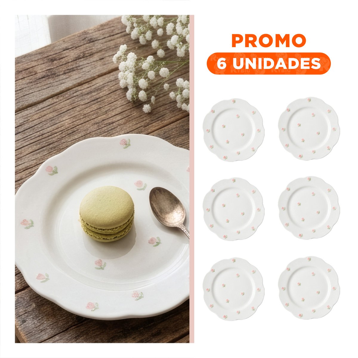 PACK6 PLATILLO DE CERAMICA CIRCULAR TULIPANES COLOR BLANCO 20X1,5CM PARA CENAS YREGALO STICKER - 1