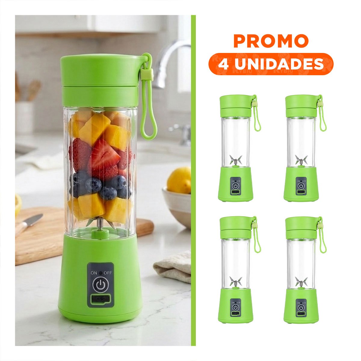 PACK4 TRITURADORA PORTATIL VERDE RECARGABLE PARA JUGOS NATURALES - 1