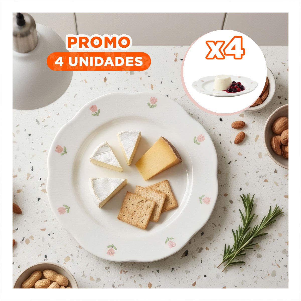 PACK4 PLATO MODERNO PLANO CIRCULAR TULIPANES BLANCO 20X1,5CM PARA MESA YREGALO STICKER - 1