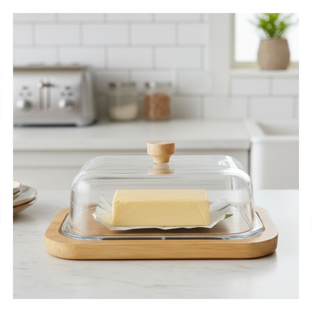 BASE DE MADERA CON MANTEQUILLA Y TAPA TRANSPARENTE PARA GUARDAR Y SERVIR - 1