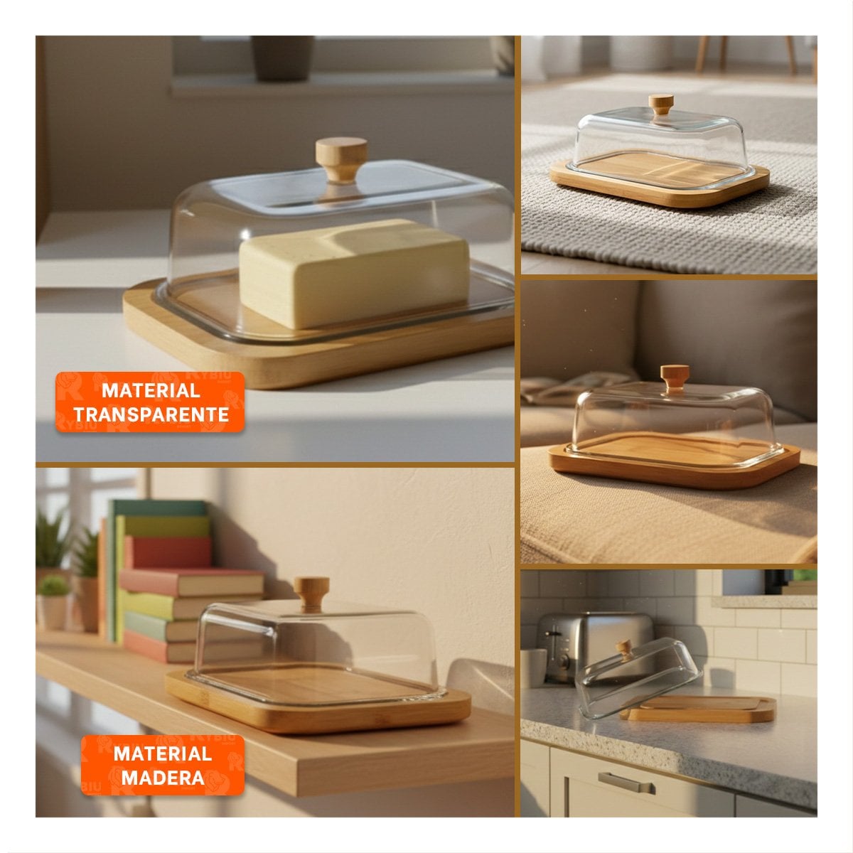 BASE CON TAPA TRANSPARENTE Y MANTEQUILLA SOBRE MADERA USO COTIDIANO YLIGAS REGALO - 1