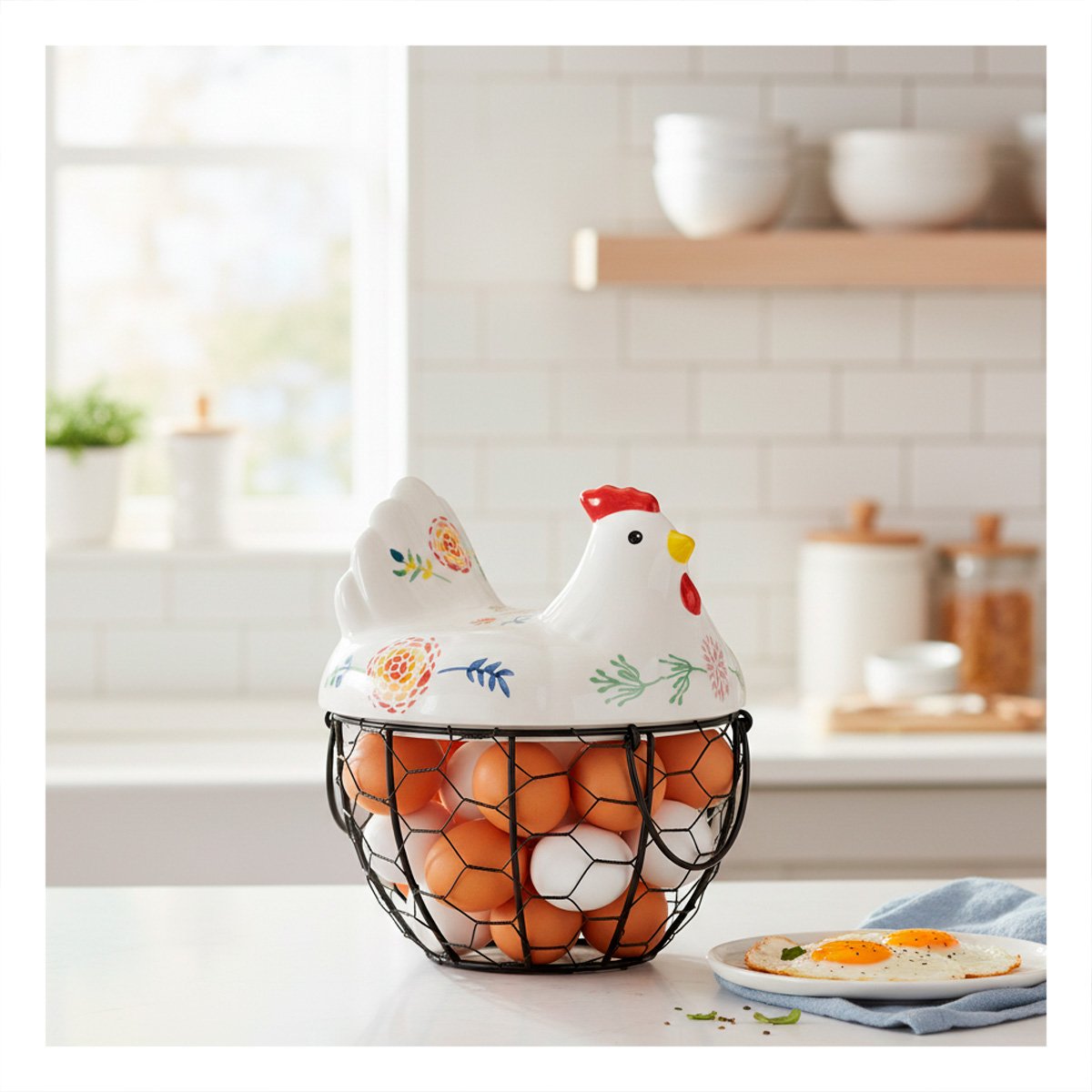CESTA PORTA HUEVOS GALLINA CERAMICA METAL COLOR BLANCO Y NEGRO PARA HOGAR - 5
