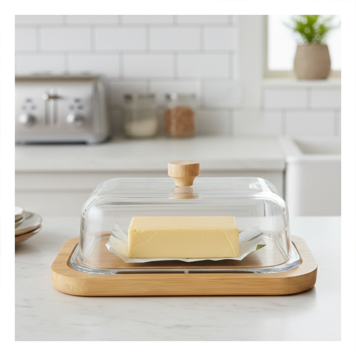 BASE DE MADERA TAPA TRANSPARENTE CON MANTEQUILLA IDEAL PARA MESA YREGALO STICKER - 5