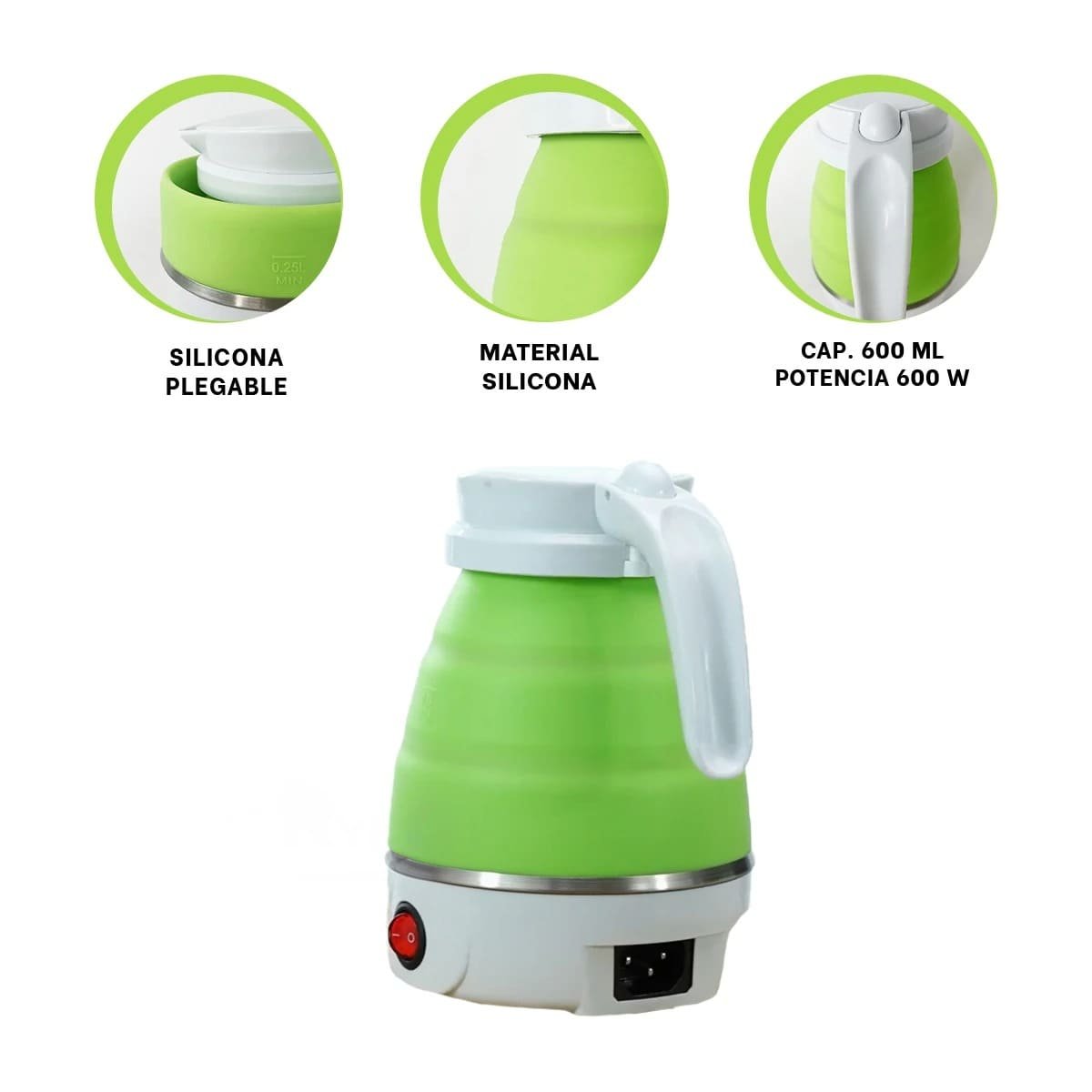 CAFETERA ELECTRICA PLEGABLE DE SILICONA 600ML VERDE FUNCIONAL PARA VIAJES YSTICKY - 5