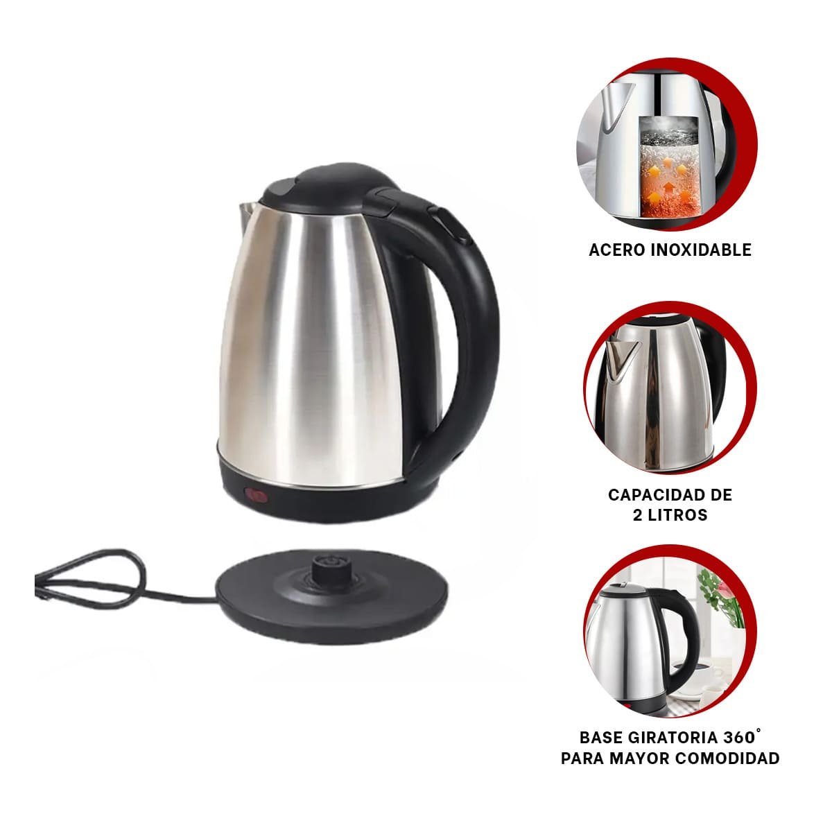JARRA ELECTRICA DE AGUA 2LT PLATEADO PARA COCINA HOGAR DISENO FUNCIONAL YPAPEL REGALO - 5