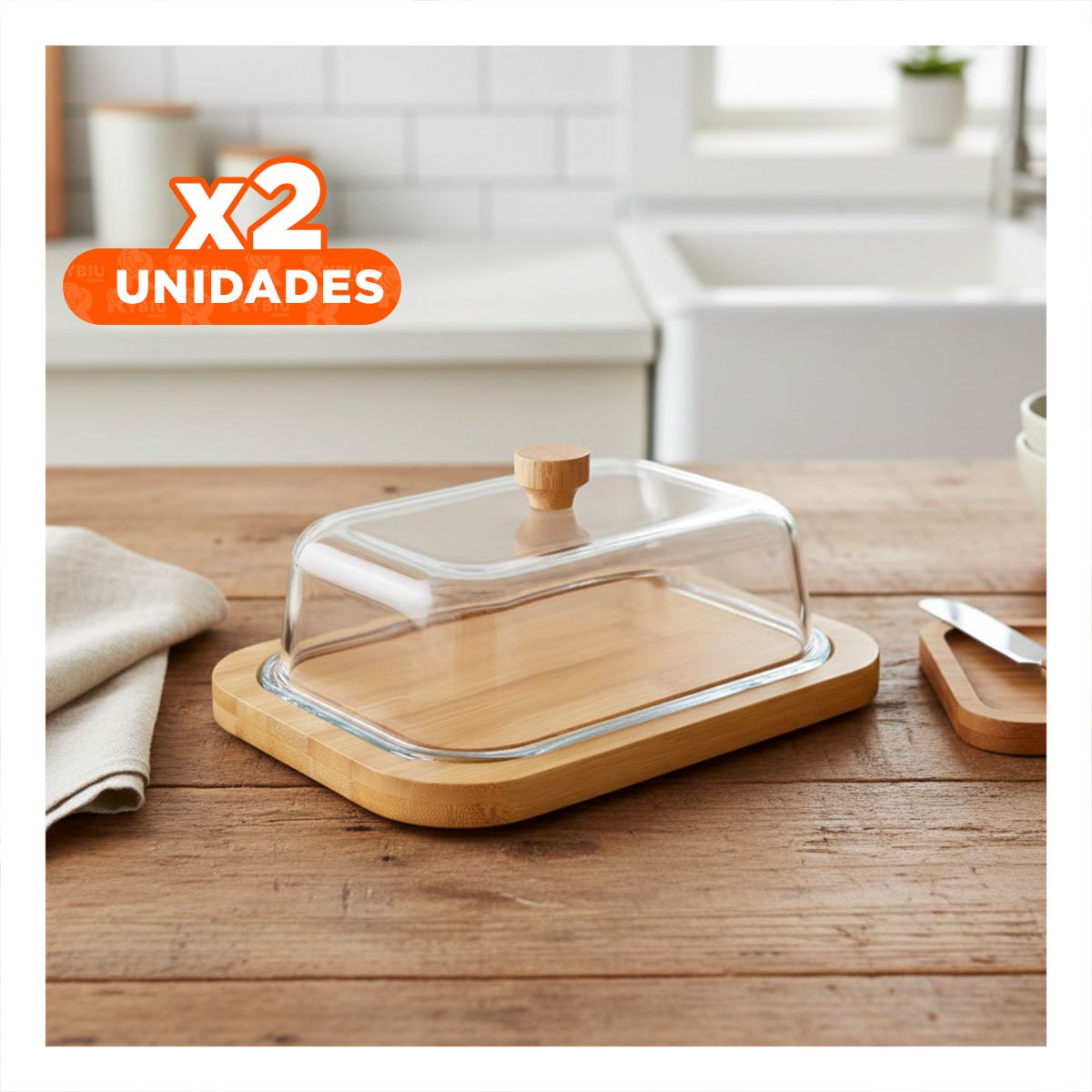 PACK2 TAPA MANTEQUILLA Y BASE DE MADERA CON VIDRIO TRANSPARENTE PARA MESA Y COMEDOR - 1
