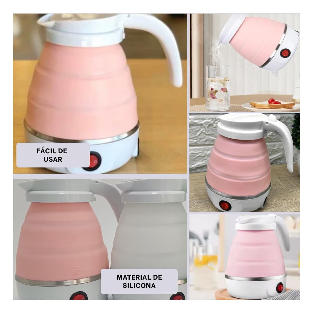 HERVIDOR PLEGABLE ELECTRICO DE SILICONA ROSADO 600ML PARA VIAJES Y HOGAR - 2