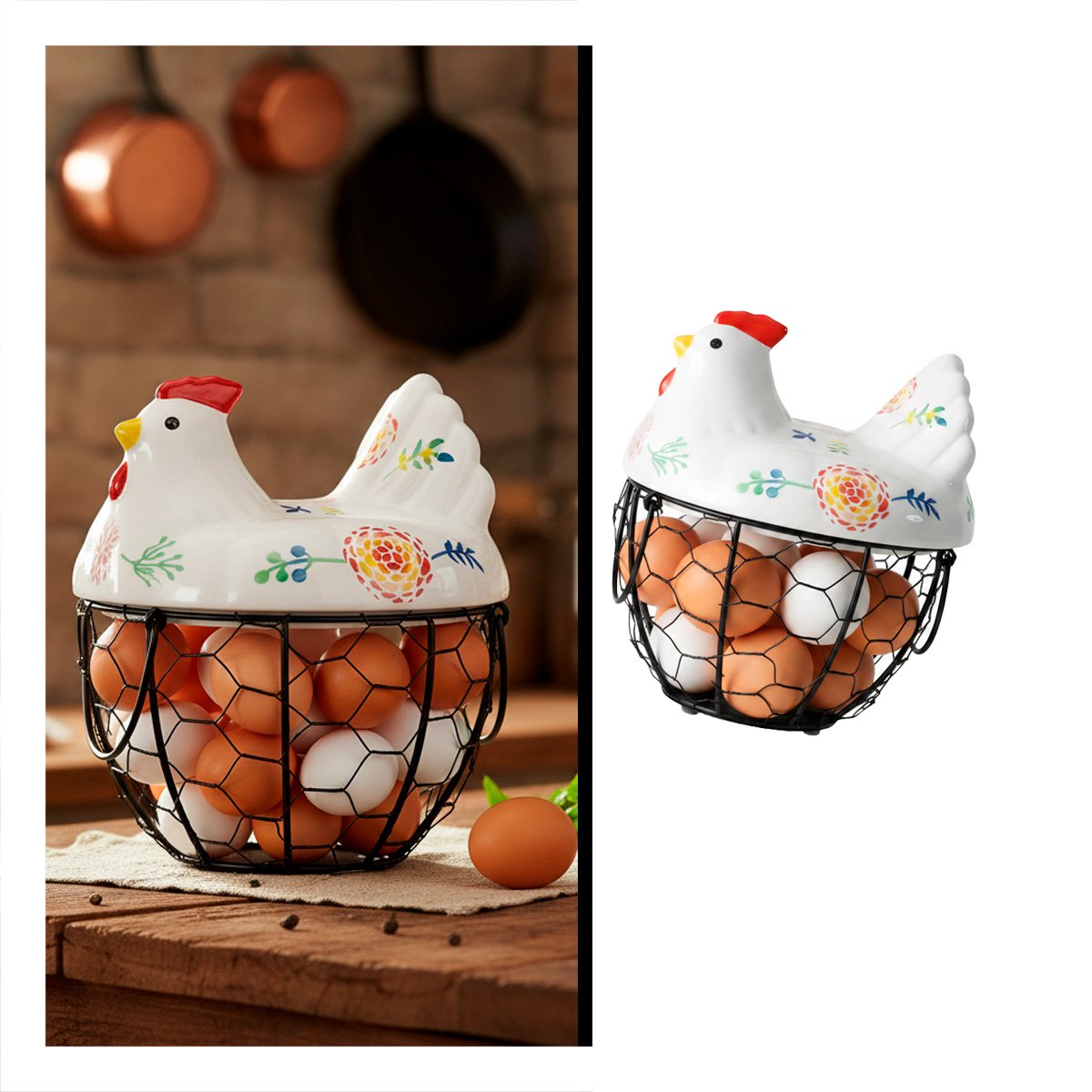 CESTA DECORATIVA GALLINA CERAMICA METAL BLANCO Y NEGRO PARA COMEDOR YSTICKY - 5