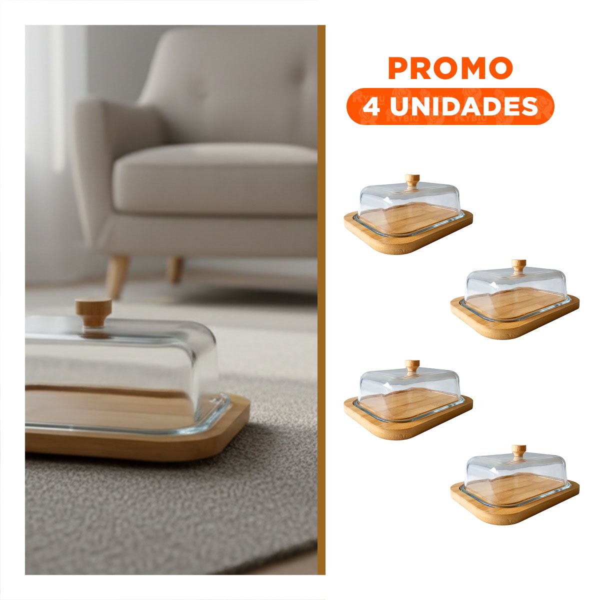 PACK4 TAPA TRANSPARENTE BASE DE MADERA Y MANTEQUILLA PARA COCINA Y GUARDAR - 1