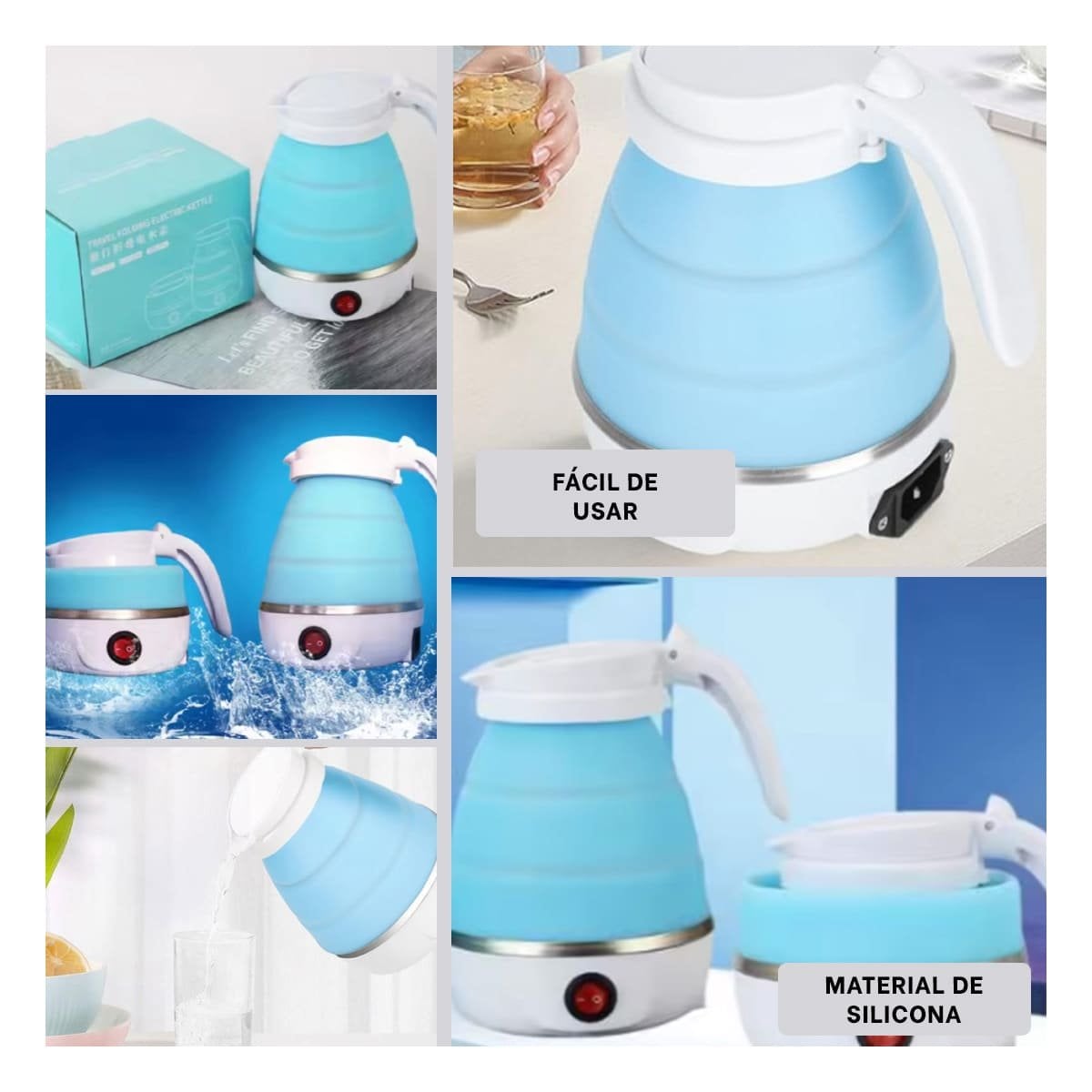 JARRA ELECTRICA PLEGABLE DE SILICONA 600ML CELESTE COMPACTA YSTICKY - 2
