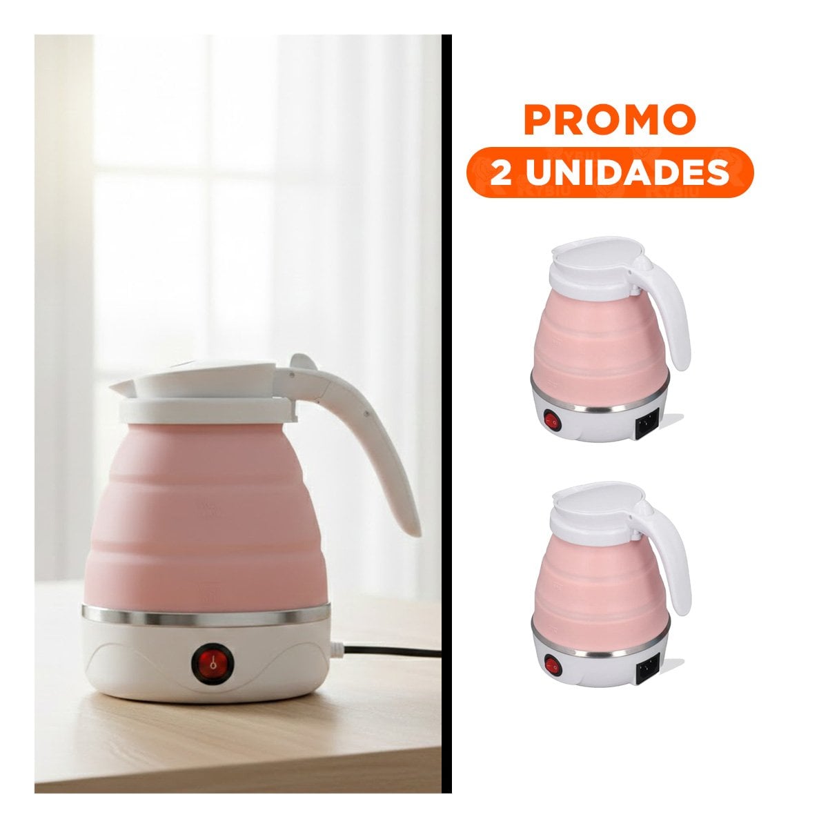 PACK2 JARRA PORTATIL ELECTRICA DE SILICONA ROSADO 600ML PARA OFICINA YREGALO STICKER - 1