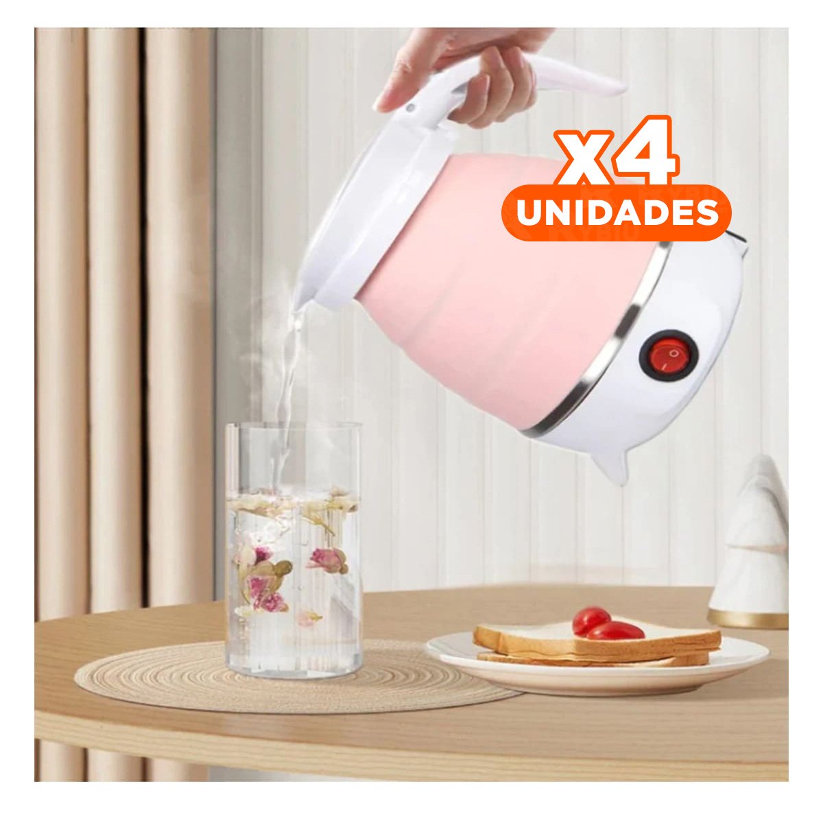 PACK4 HERVIDOR COMPACTO ELECTRICO DE SILICONA ROSADO 600ML PARA USO DIARIO YREGALO STICKER - 1