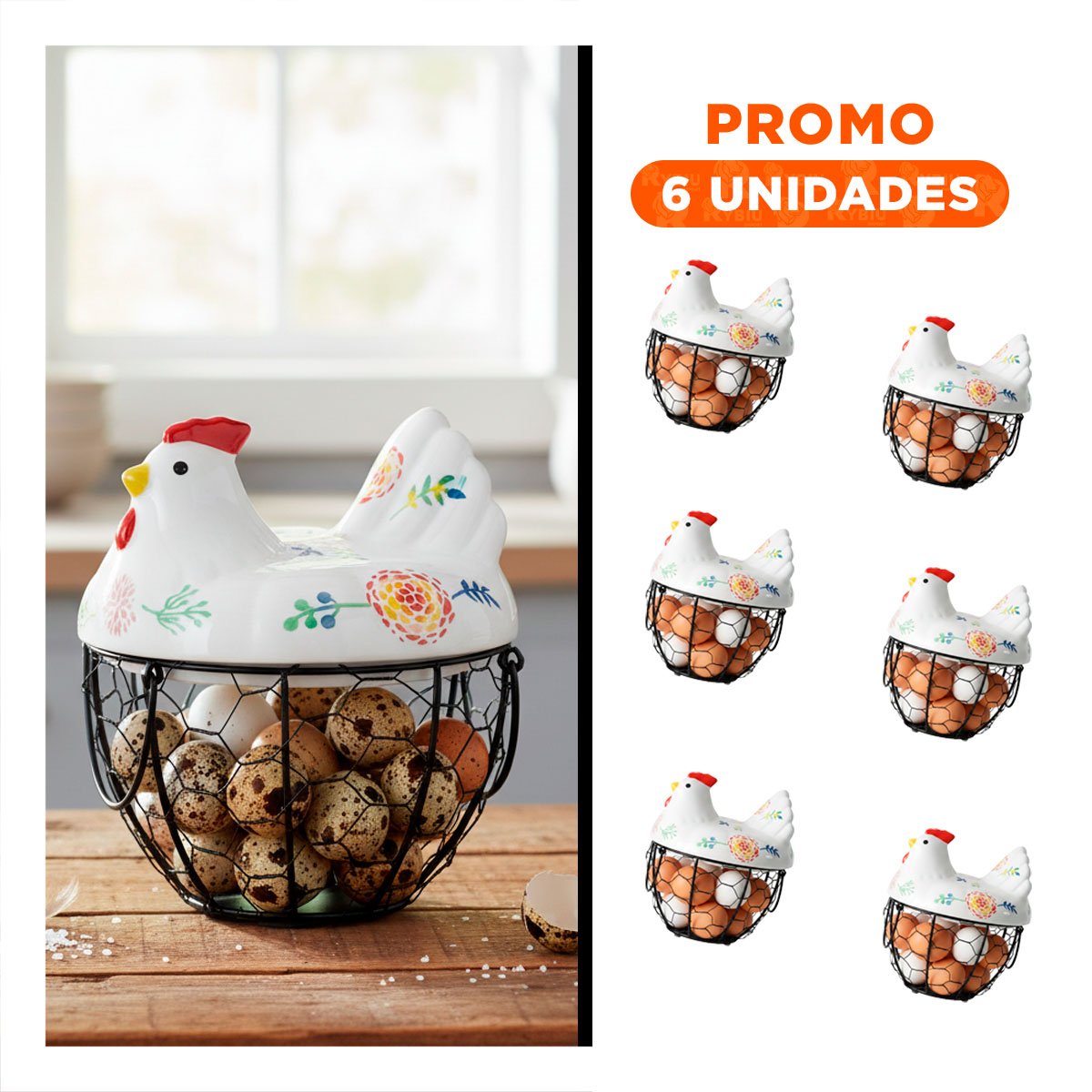 PACK6 CESTA DE ALMACEN GALLINA CERAMICA METAL COLOR BLANCO Y NEGRO PARA HOGAR YREGALO STICKER - 1