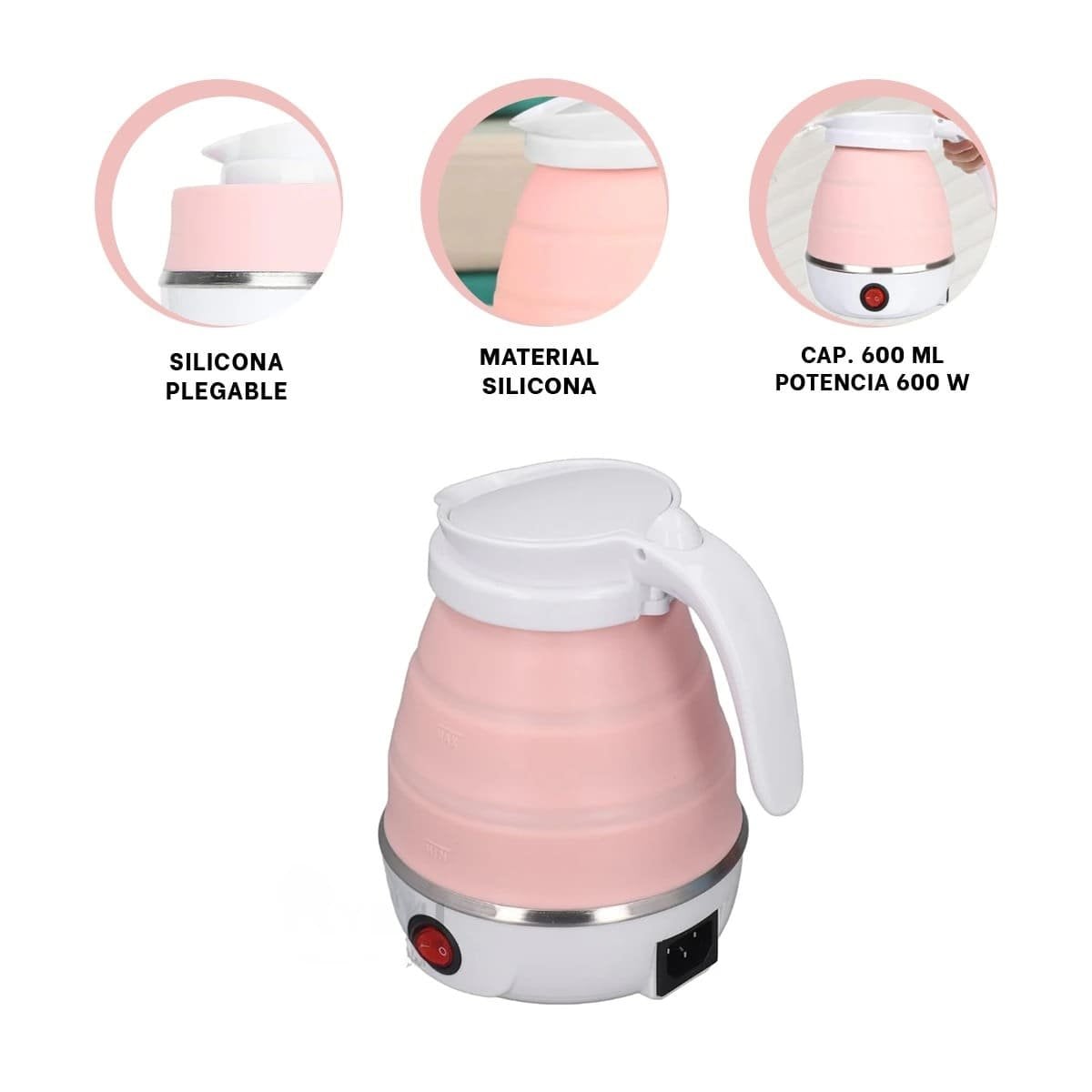 OLLA ELECTRICA PLEGABLE DE SILICONA ROSADO 600ML PARA VIAJES YSTICKY - 5
