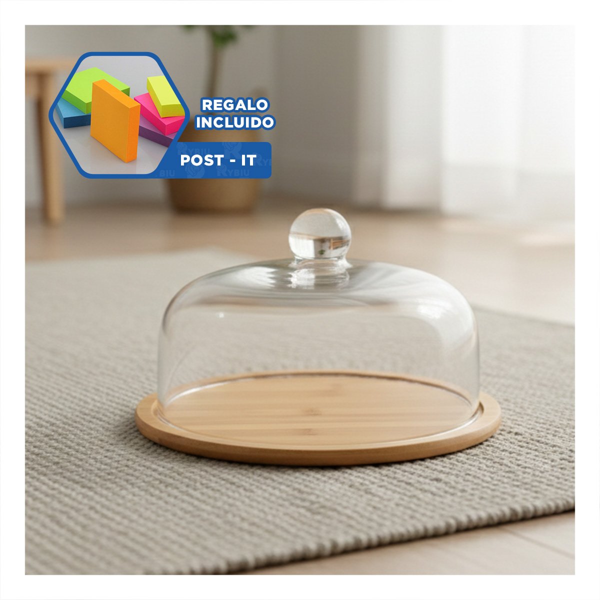 PACK2 BANDEJA 23X18CM CON CUPULA DE VIDRIO DE COLOR TRANSPARENTE BASE MADERA YREGALO STICKER - 1