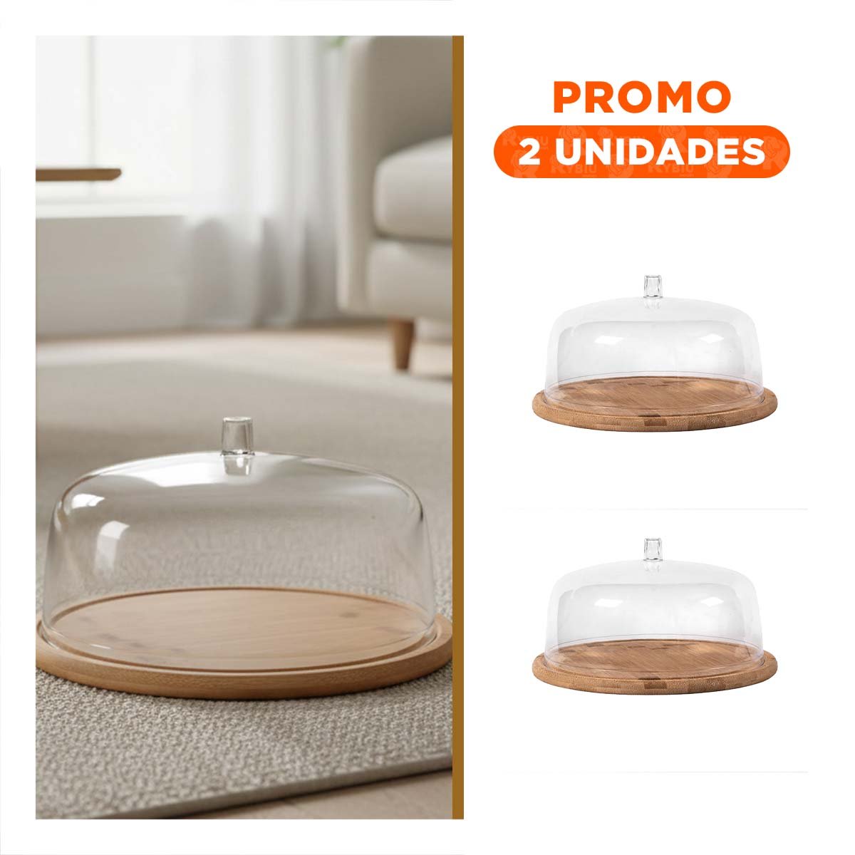 PACK2 BANDEJA 28,5CM CON CUPULA DE PLASTICO DE COLOR TRANSPARENTE BASE MADERA YREGALO STICKER - 1