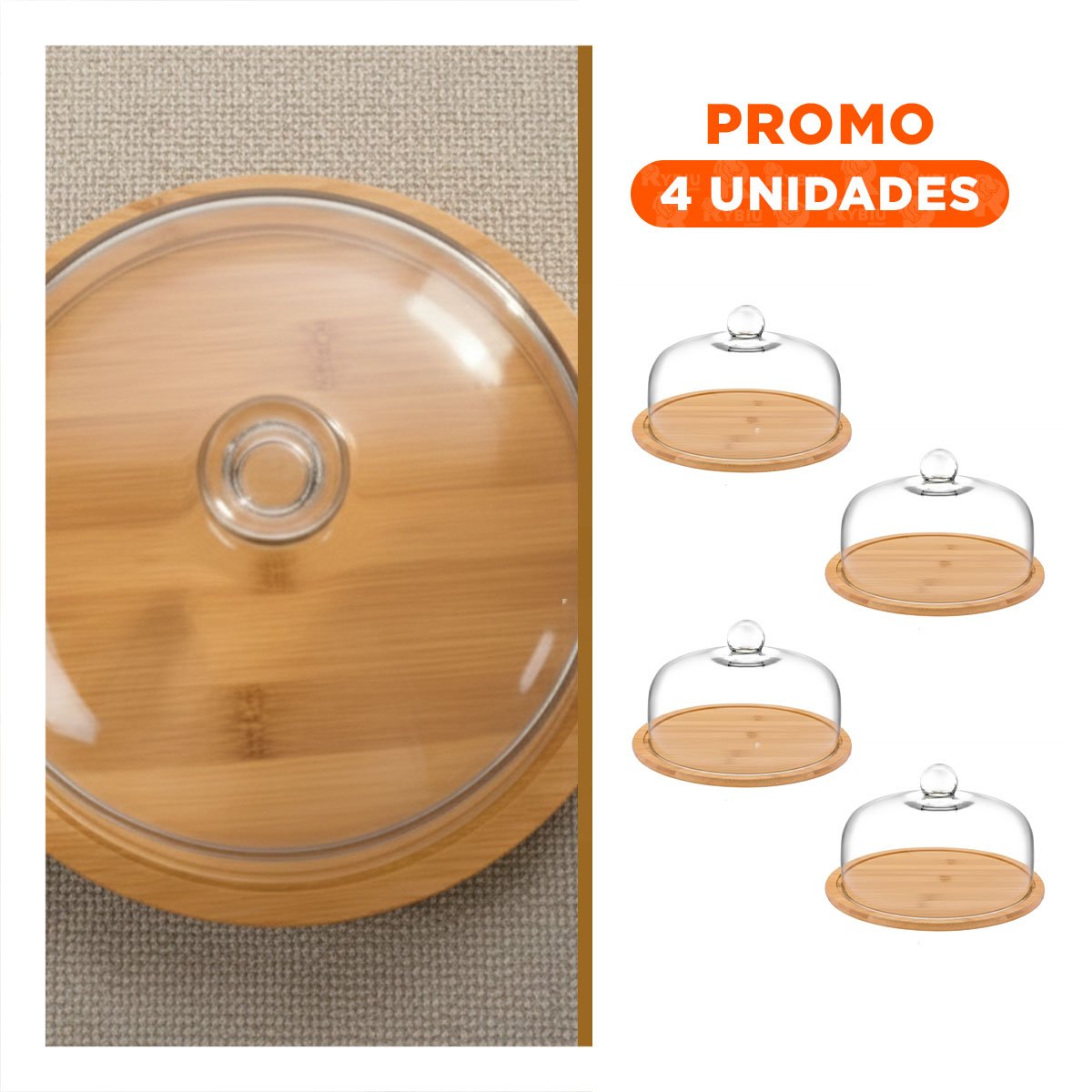 PACK4 BANDEJA MADERA 23X18CM CON CUPULA DE COLOR TRANSPARENTE DE VIDRIO - 1