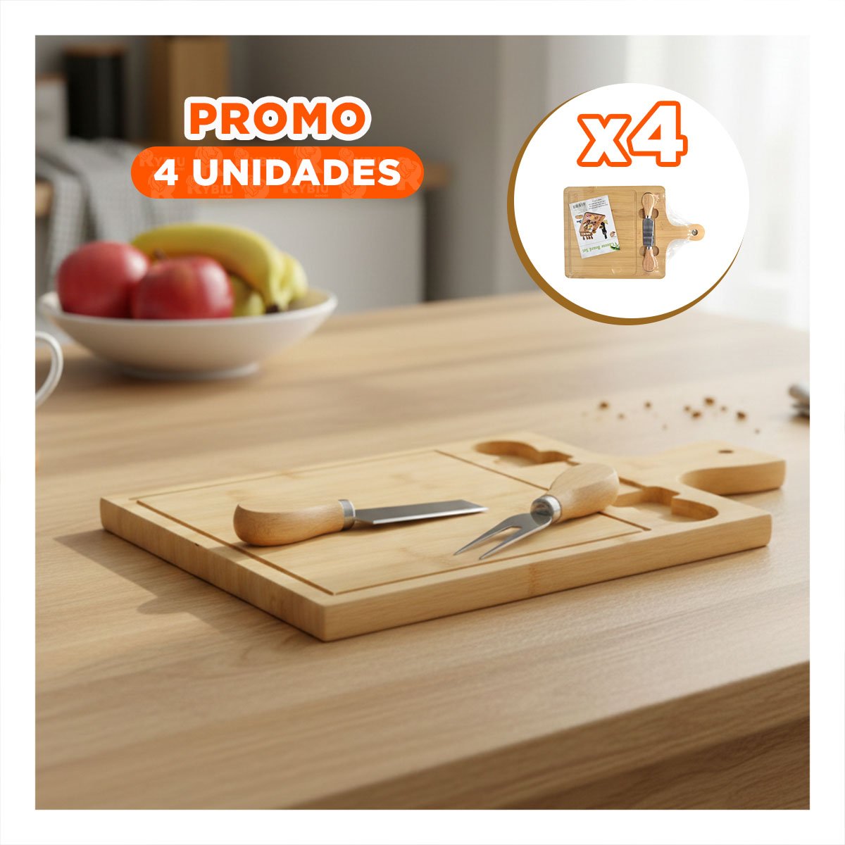 PACK4 BASE CON 2 UTENSILIOS DE MADERA BAMBU RECTANGULAR FUNCIONAL Y DECORATIVA YPAPEL REGALO - 1